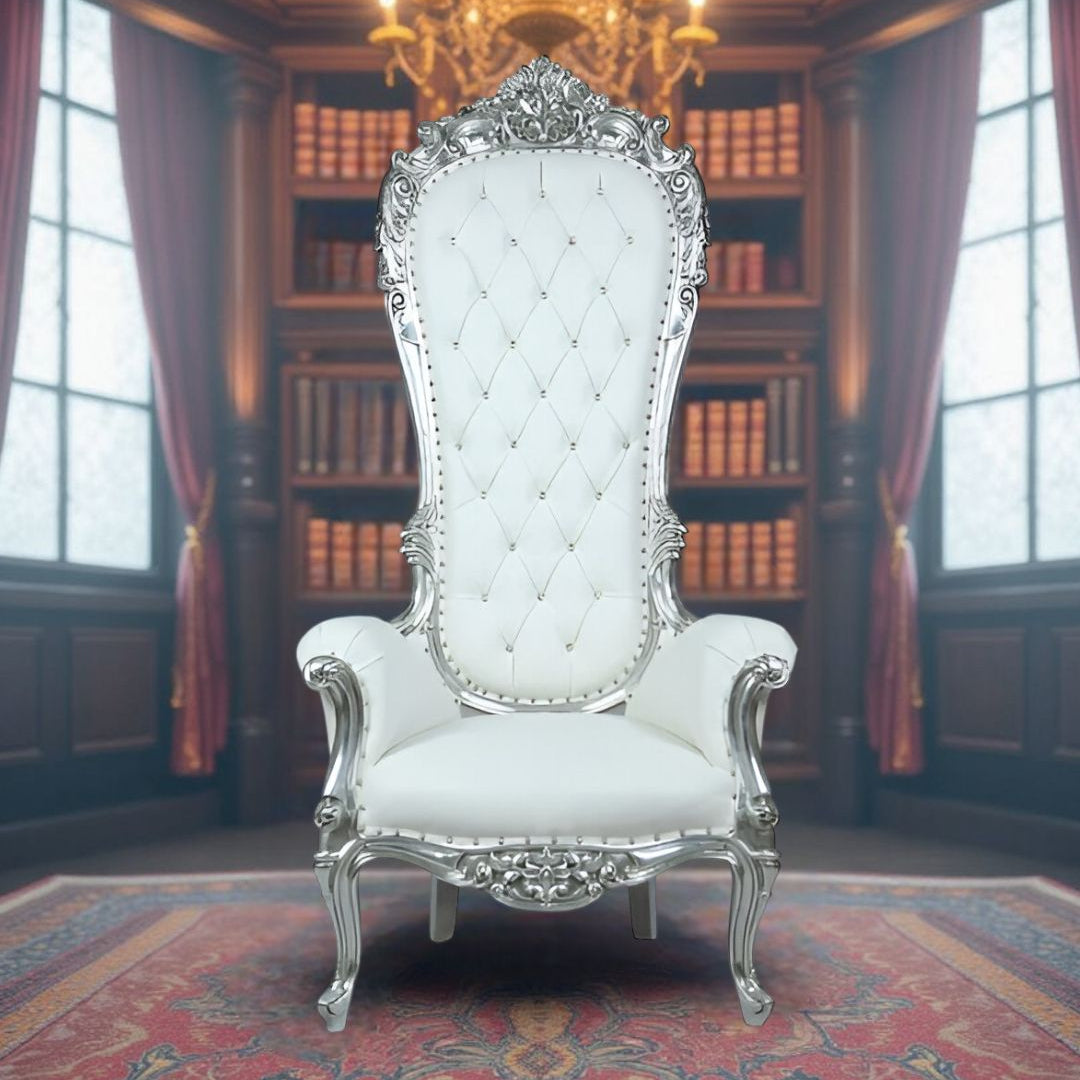 Close-up of detailed craftsmanship on Silver Sensation throne chair.