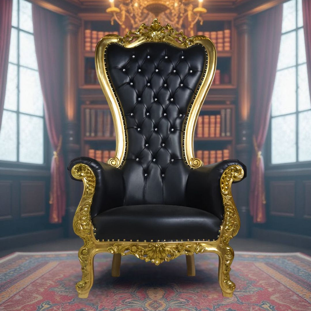 Close-up of intricate carvings on Black & Gold Throne Chair's frame and plush seat.
