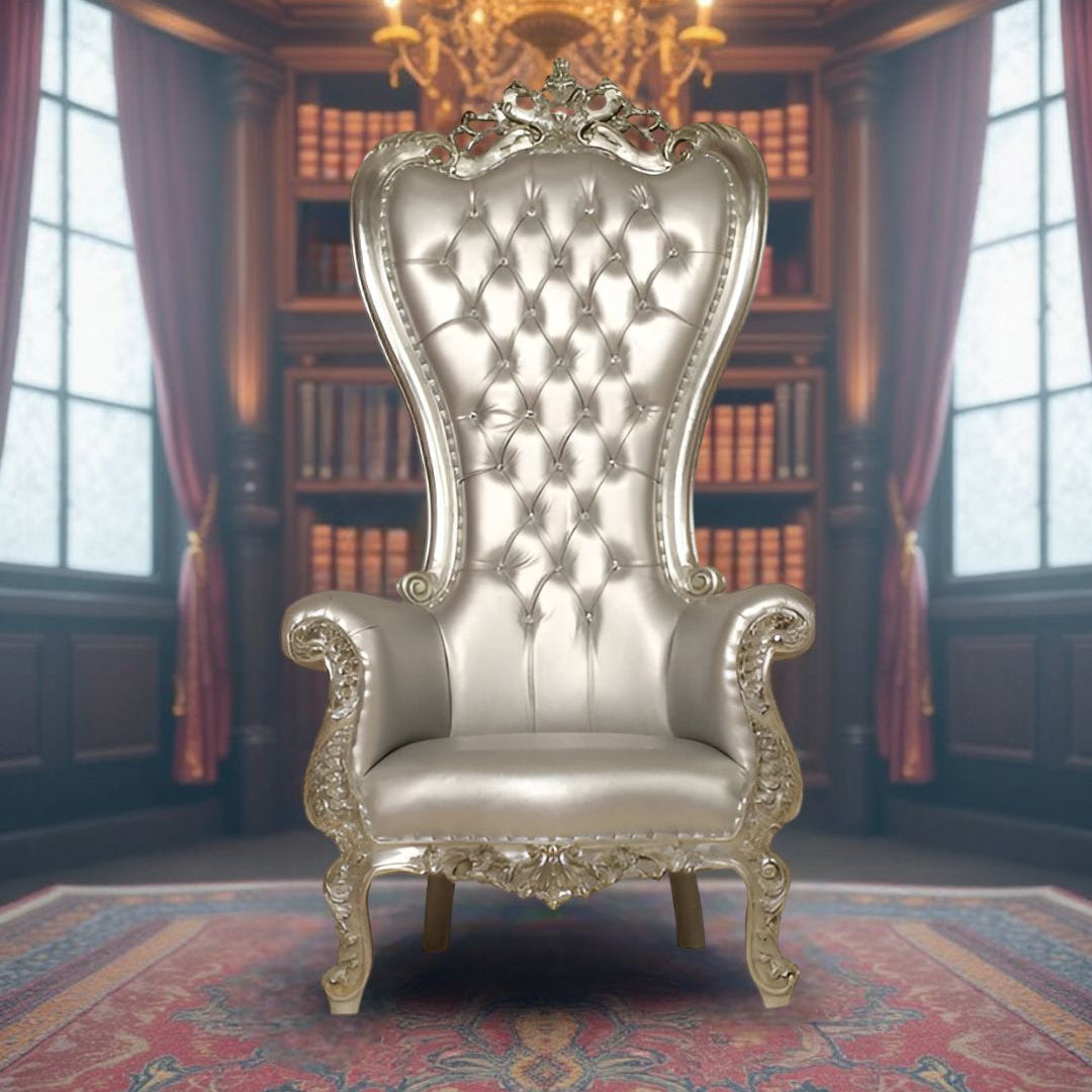 Silver throne chair used for wedding or baby shower decor