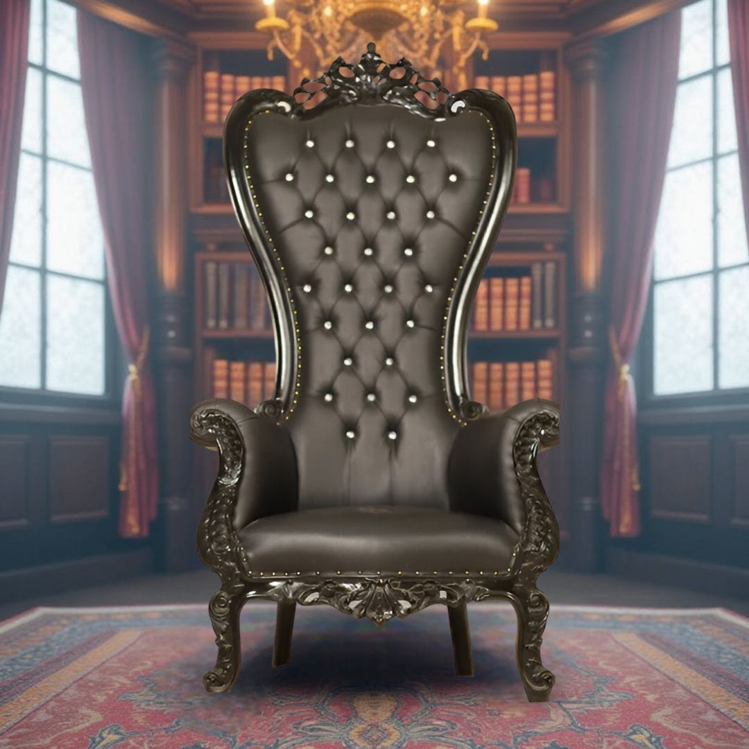 Brown Throne Chair styled in a sophisticated living room setting