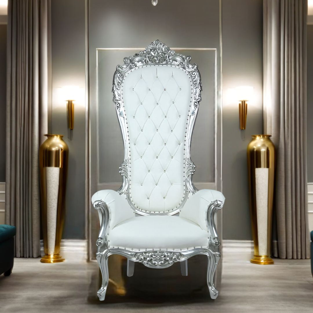 Close-up of detailed craftsmanship on Silver Sensation throne chair.