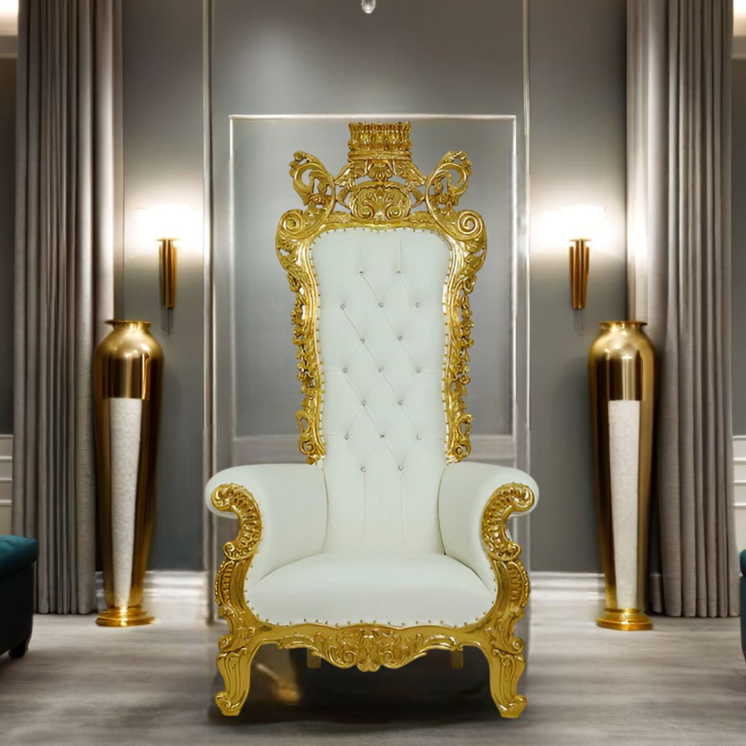 Close-up of intricate carvings on Golden Oasis Throne Chair's frame and luxurious fabric.
