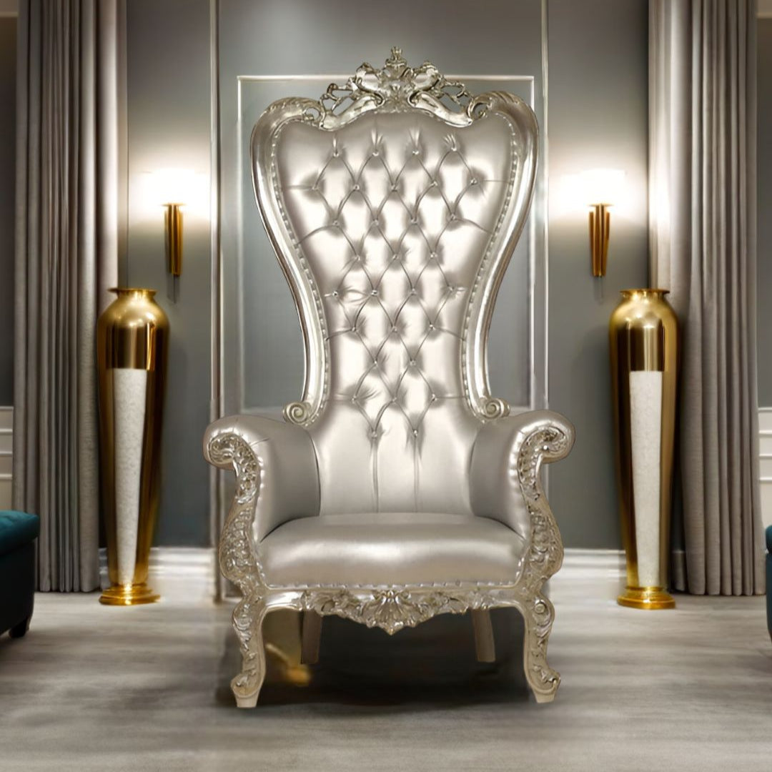 Plush body fabric of silver throne chair – nickel finish
