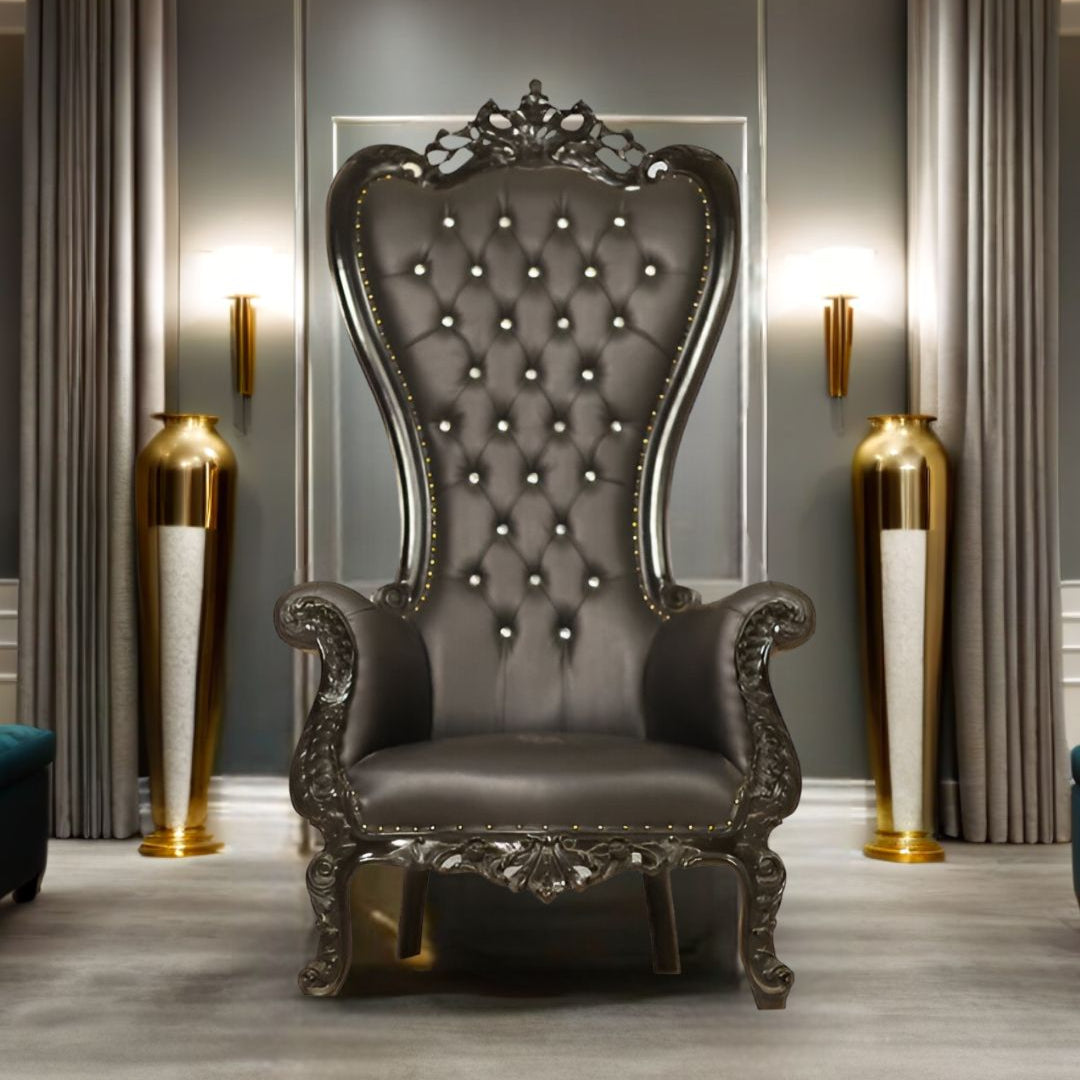 Brown Throne Chair styled in a sophisticated living room setting