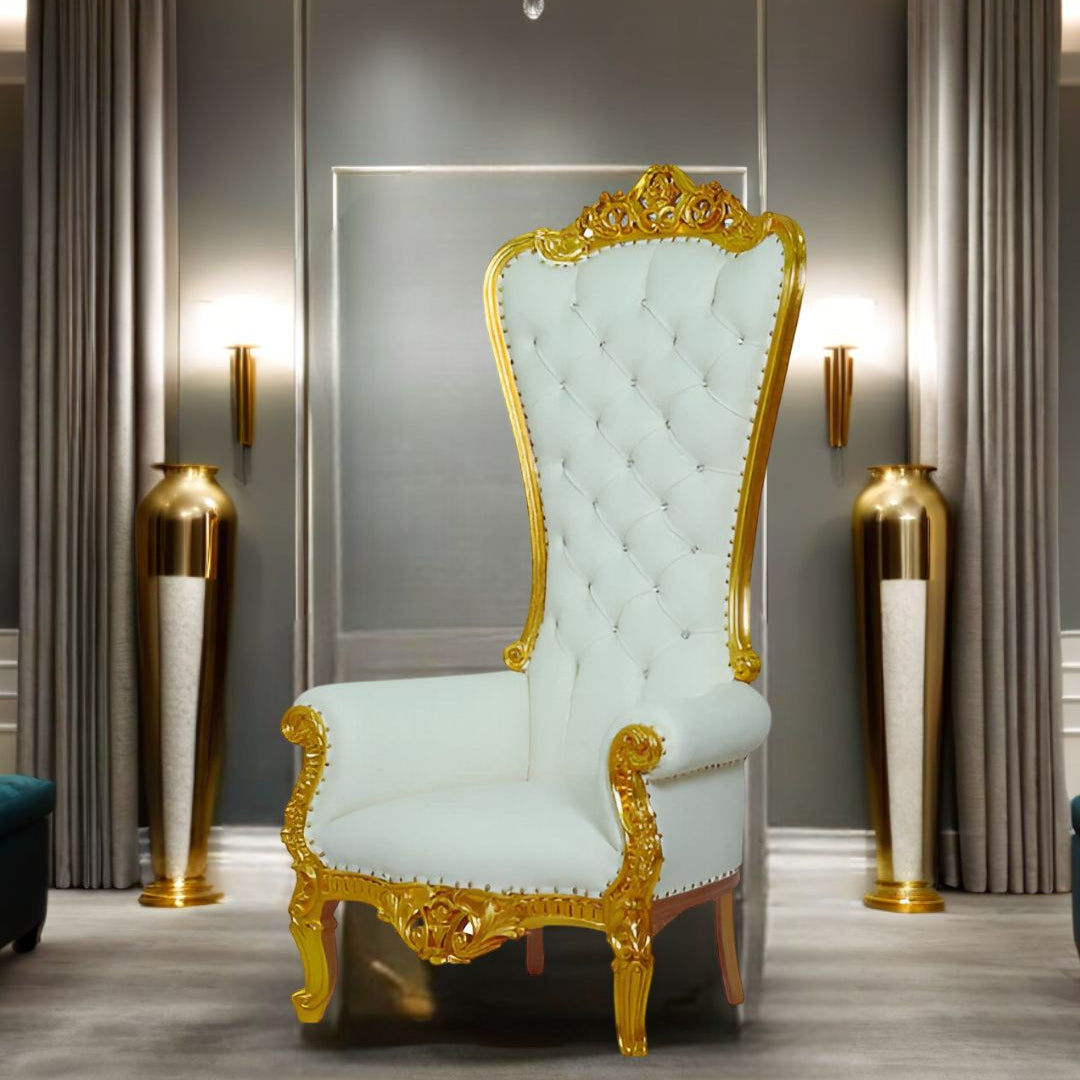 Close-up of intricate detailing on The Celestial Chair's armrest with elegant gold accents