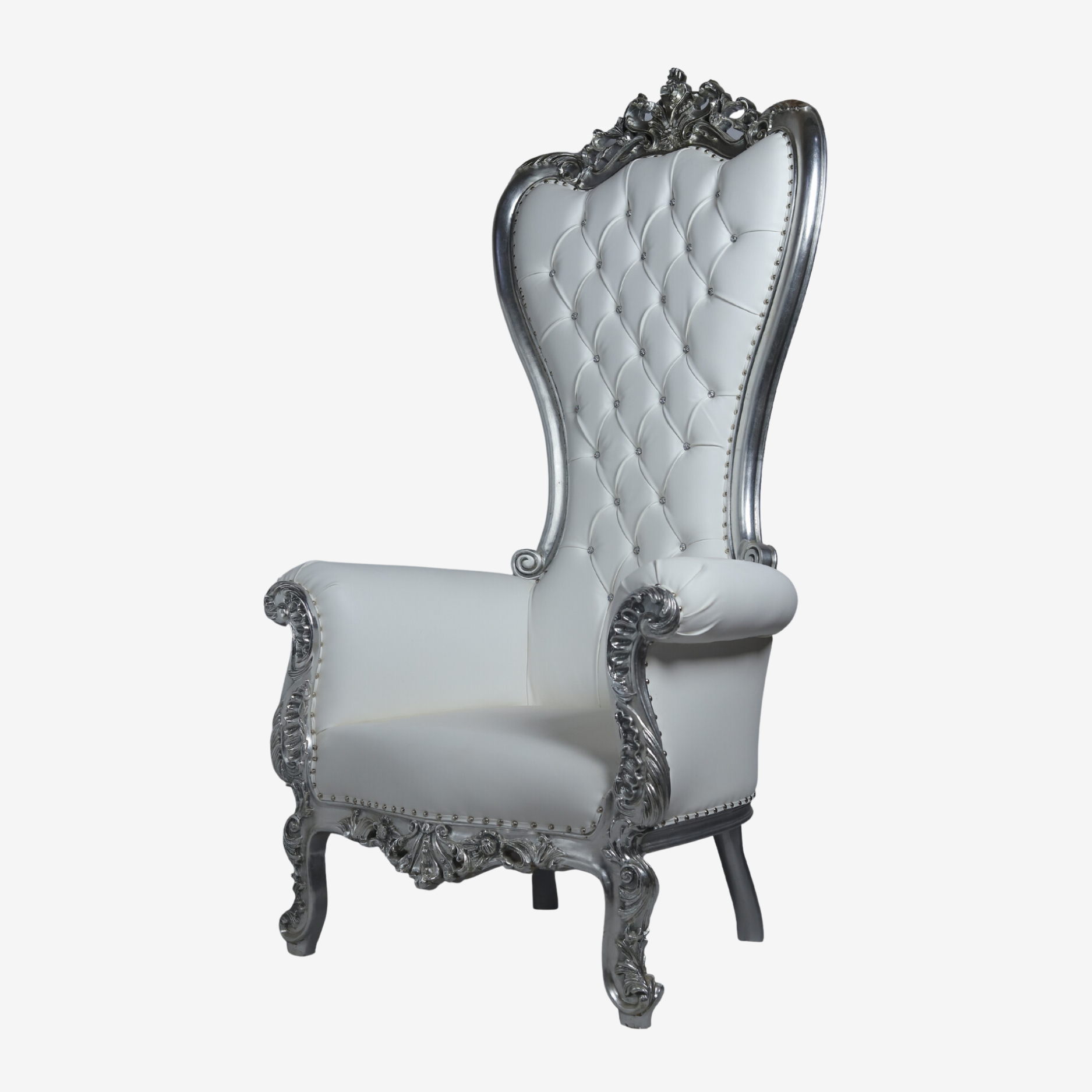 Side profile of Silver Swirl chair showcasing swivel base and tight back design.