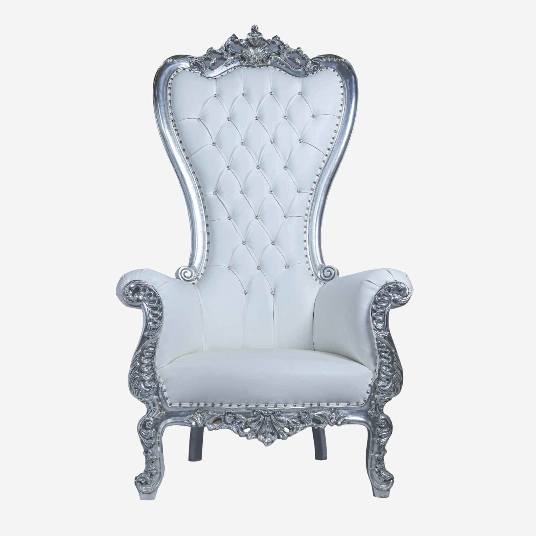 Front view of Silver Swirl throne chair with Dusty Silver finish and reeded carved wood arm caps.