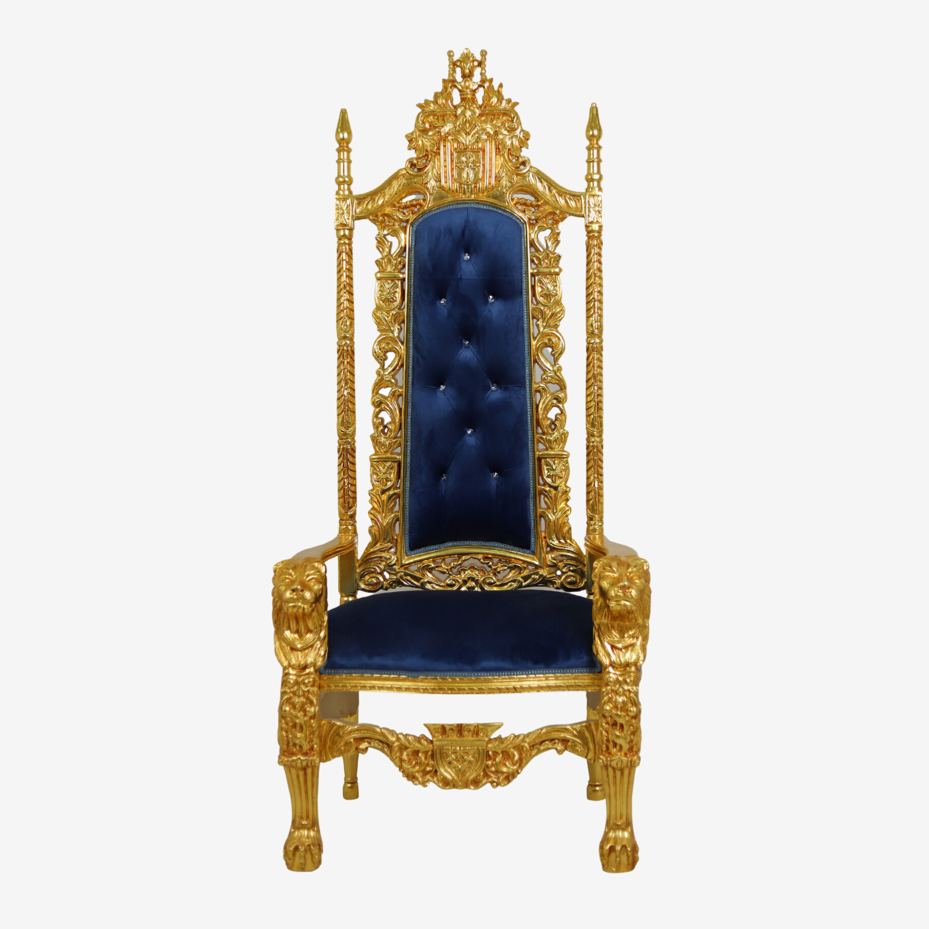 Front view of The Royal Blue throne chair with royal blue velvet upholstery and ornate gold frame.