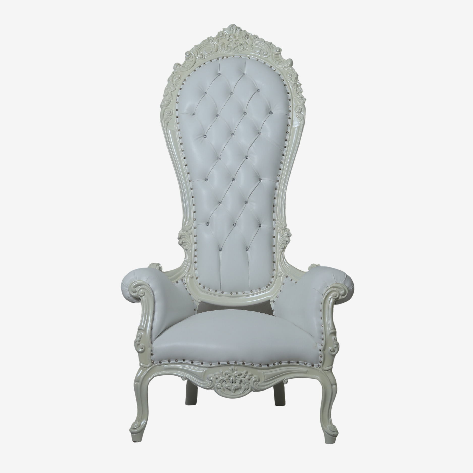 Front view of Silver Chic throne chair with sleek silver finish and tufted velvet upholstery.