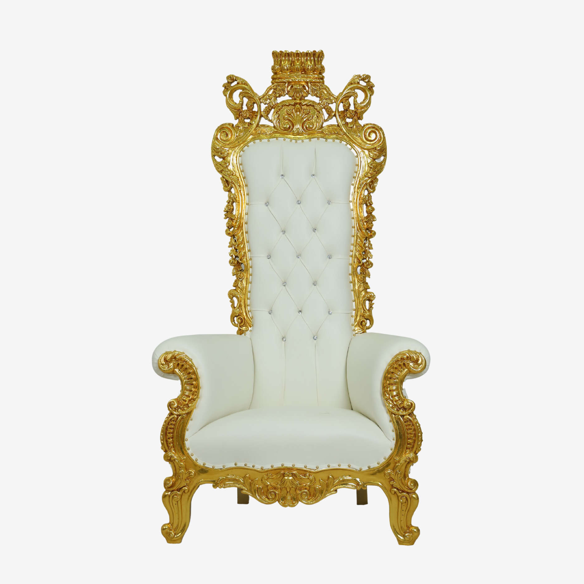 Front view of Golden Oasis Throne Chair showcasing high-back design and ornate detailing.