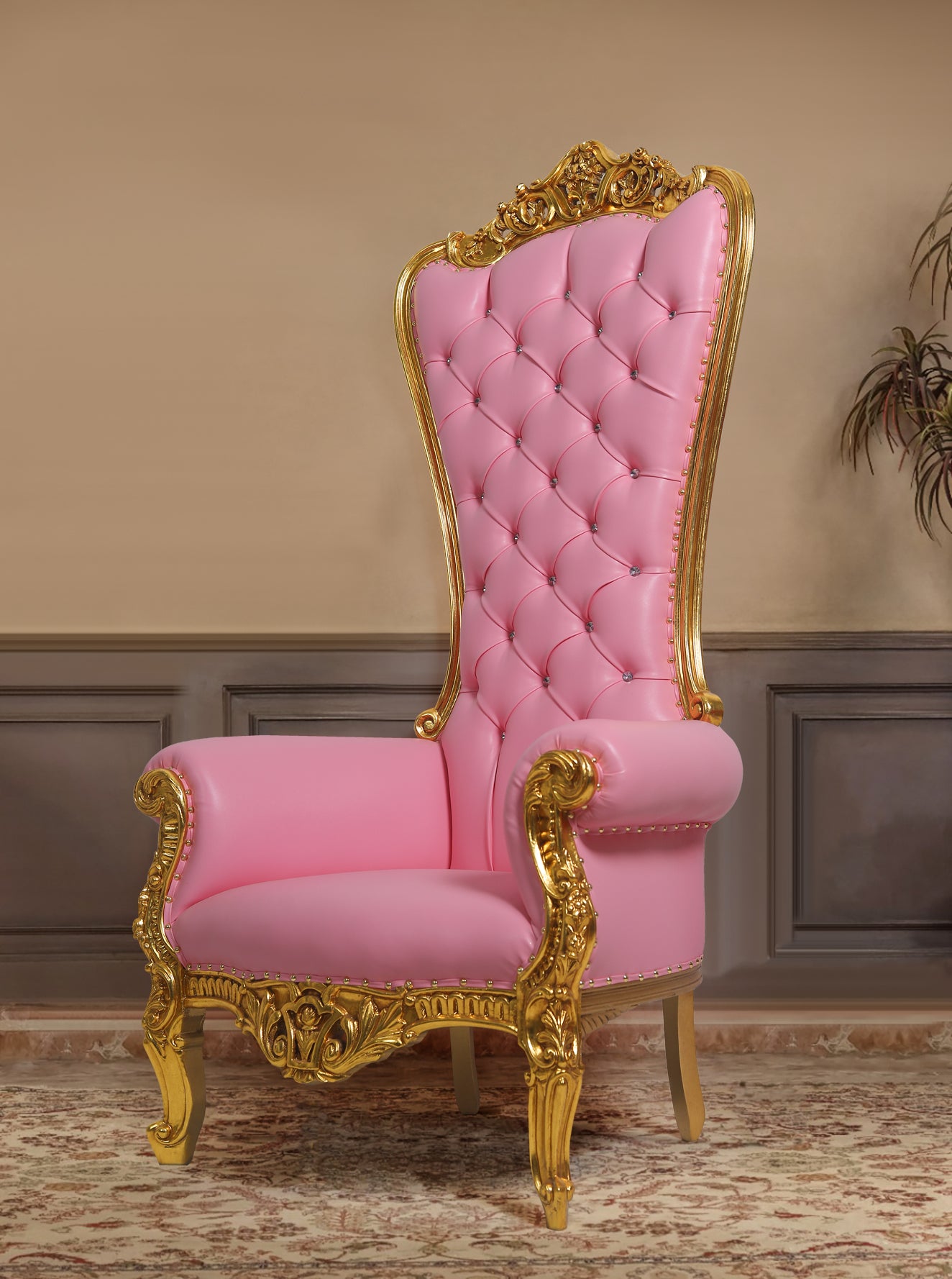 Pink throne chair styled for wedding or luxury baby shower