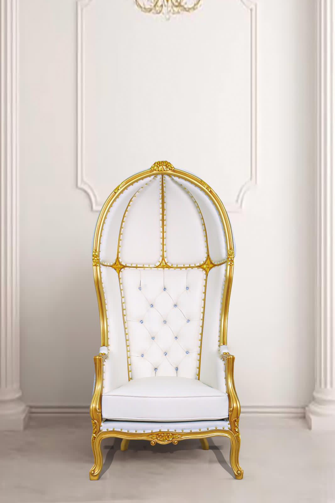 Close-up of detailed craftsmanship on The White Swan throne chair.