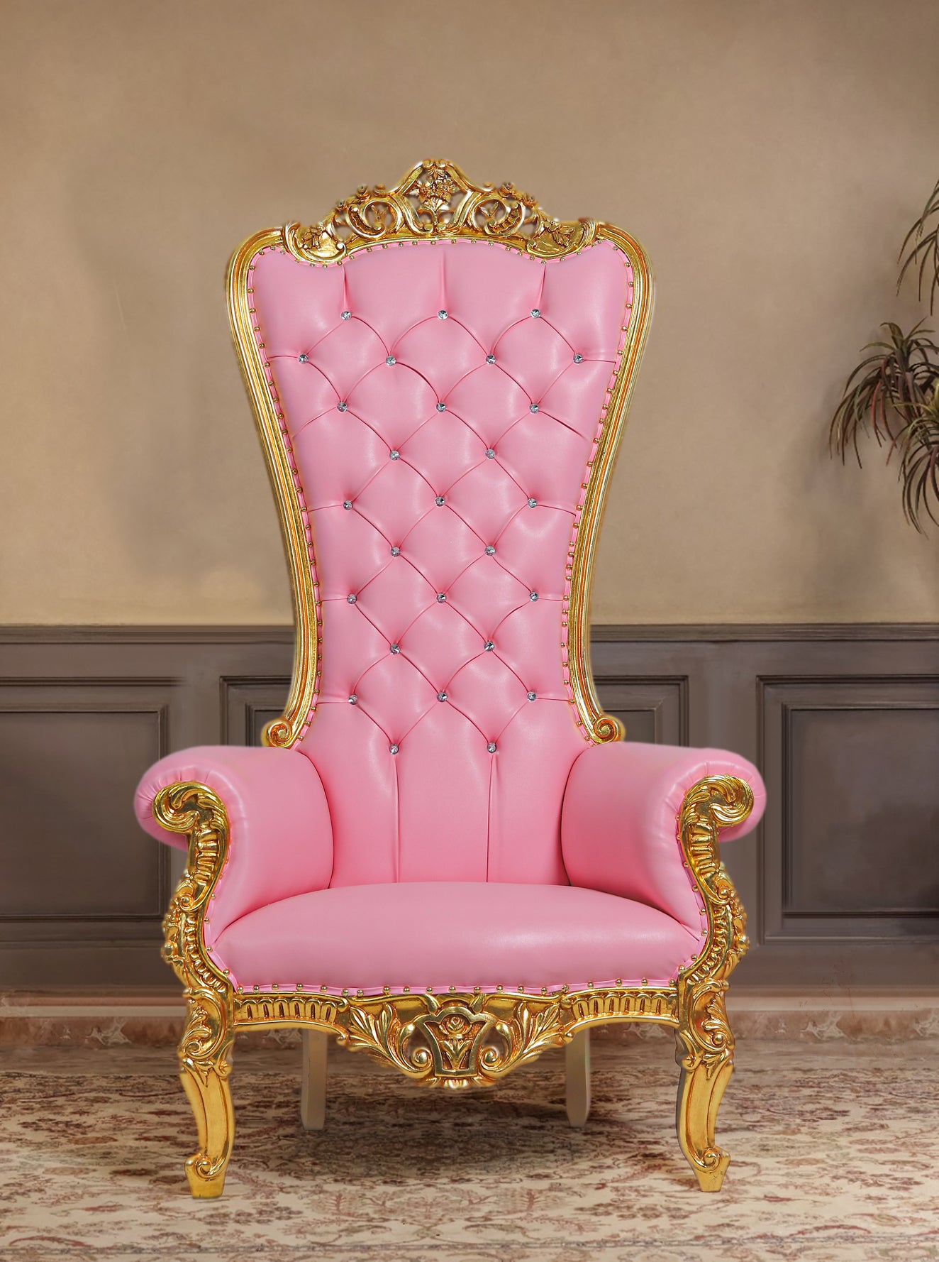 Plush pink upholstery of custom throne chair – elegant detail
