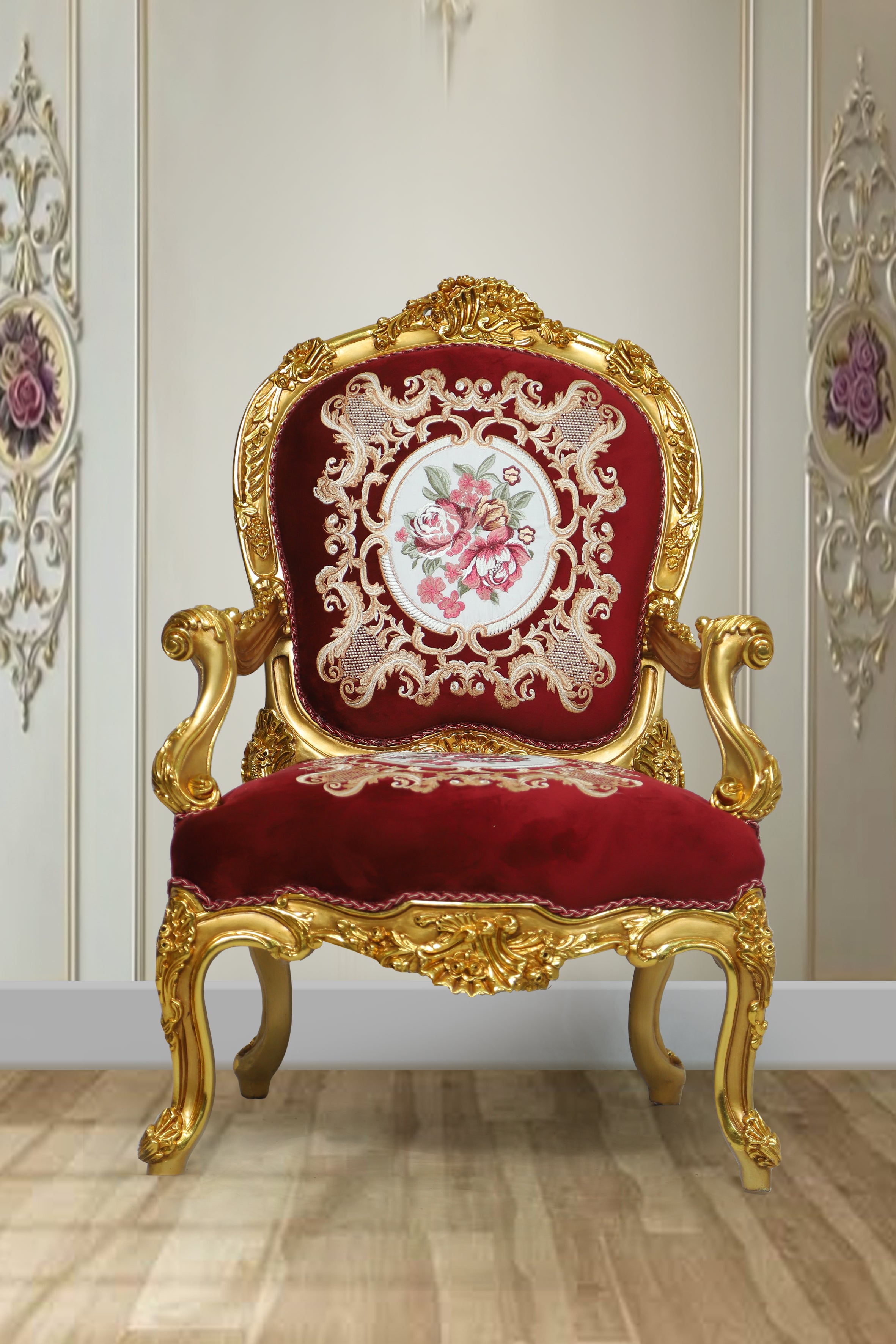 Close-up of the Salon Seat's detailed craftsmanship and luxurious upholstery.