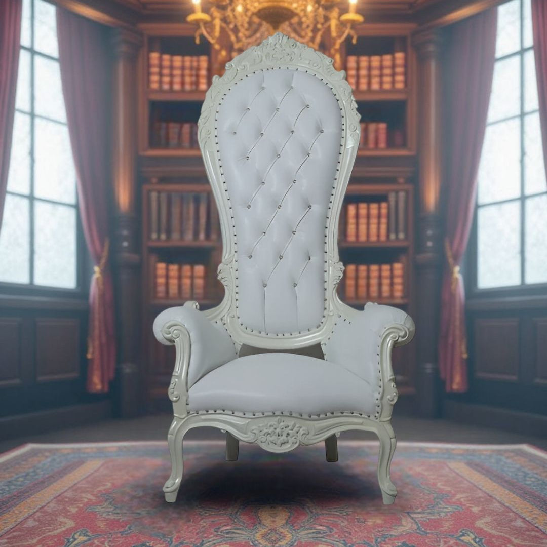 Close-up of tufted velvet upholstery and sturdy frame on Silver Chic throne chair.​