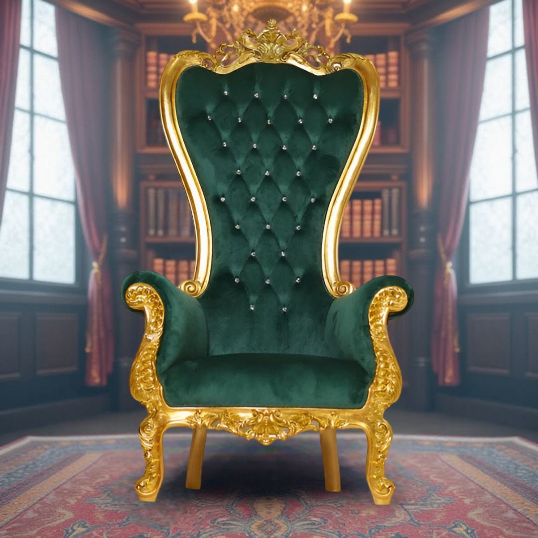 Green Velvet Throne Chair elegantly placed in a luxurious living room setting