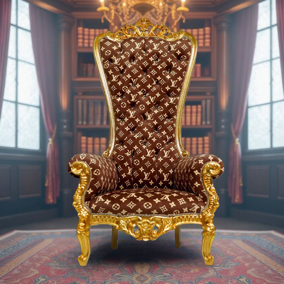 Close-up of intricate carvings on Louis-V Throne Chair's frame and luxurious upholstery.​
