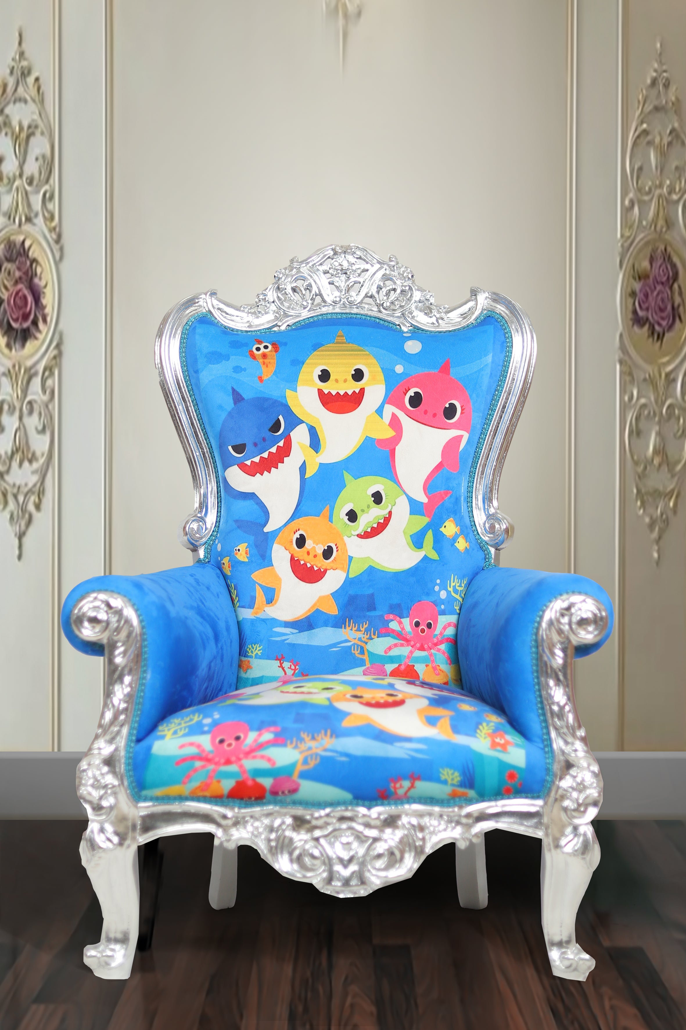 Baby Shark Throne Chair placed in a colorful playroom setting