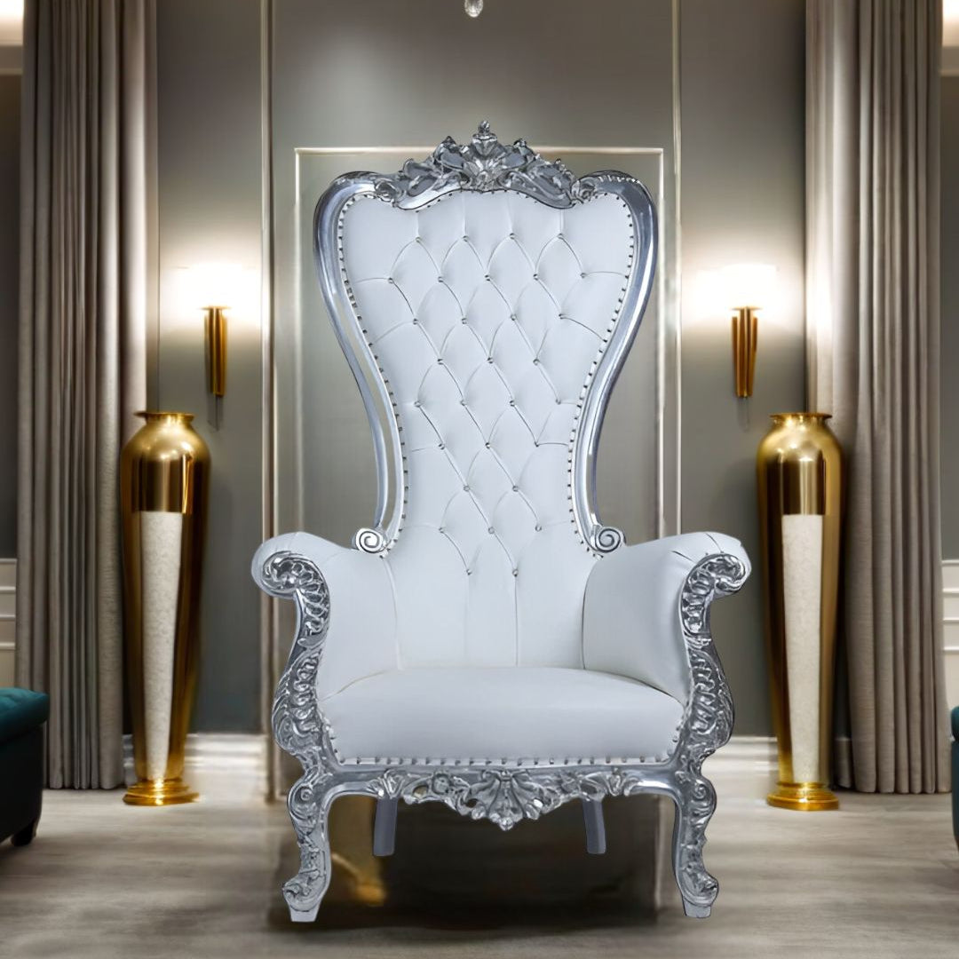 Close-up of loose seat cushion and detailed wood arm caps on Silver Swirl throne chair.