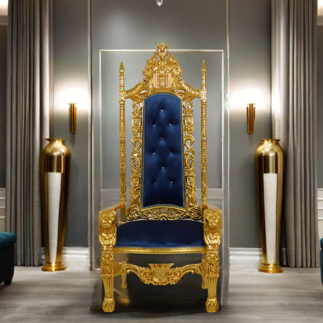 Close-up of plush cushioning and luxurious materials on The Royal Blue throne chair.​