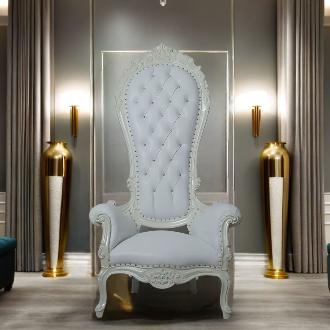 Close-up of tufted velvet upholstery and sturdy frame on Silver Chic throne chair.​