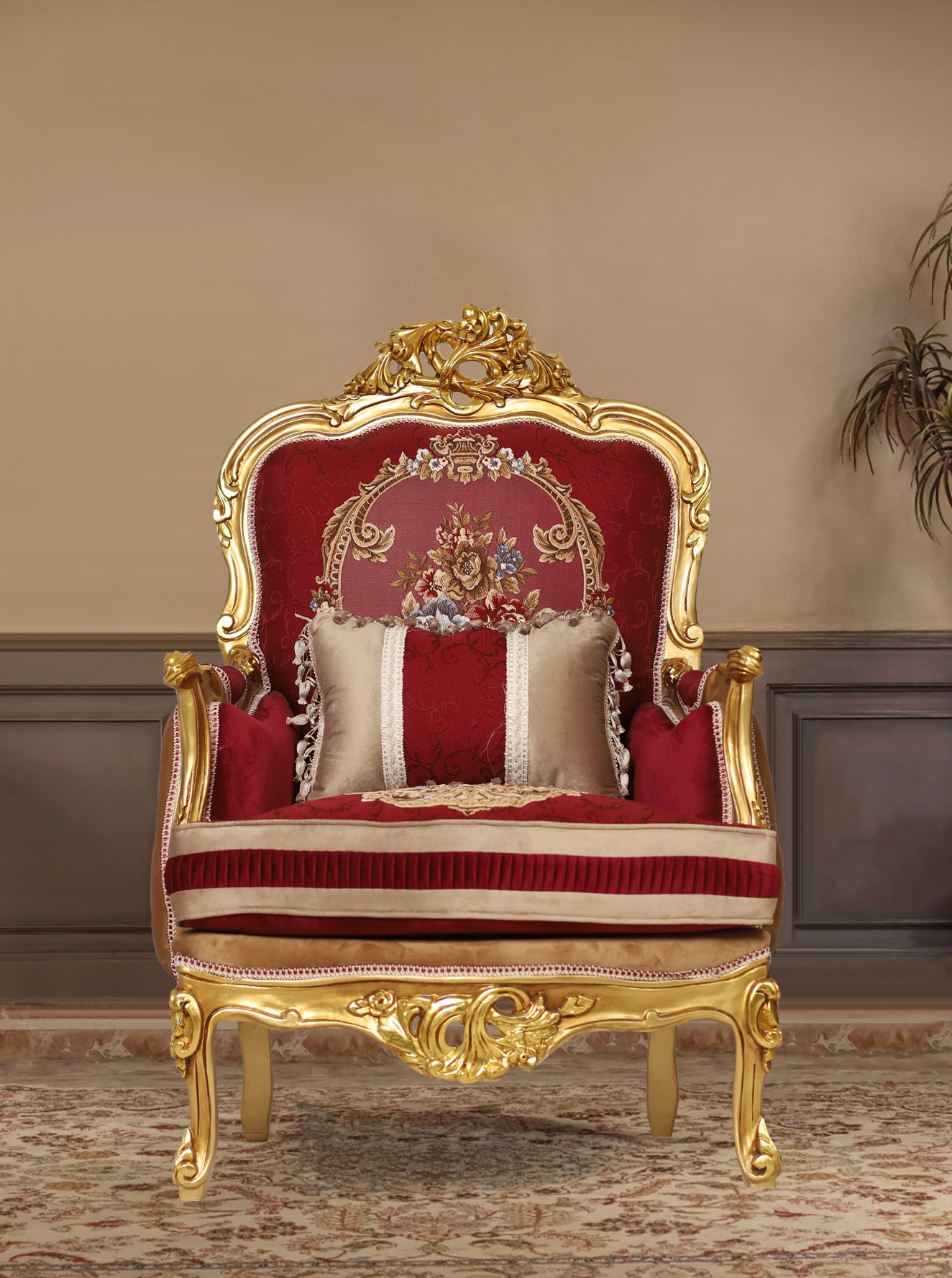 Classic red accent chair with wood frame