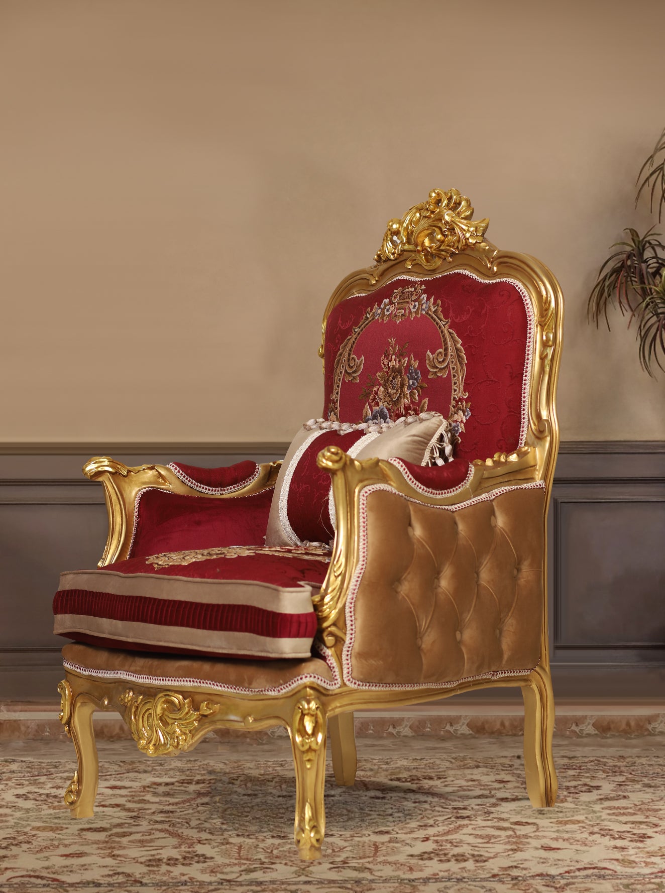 Side profile Classic red accent chair with wood frame