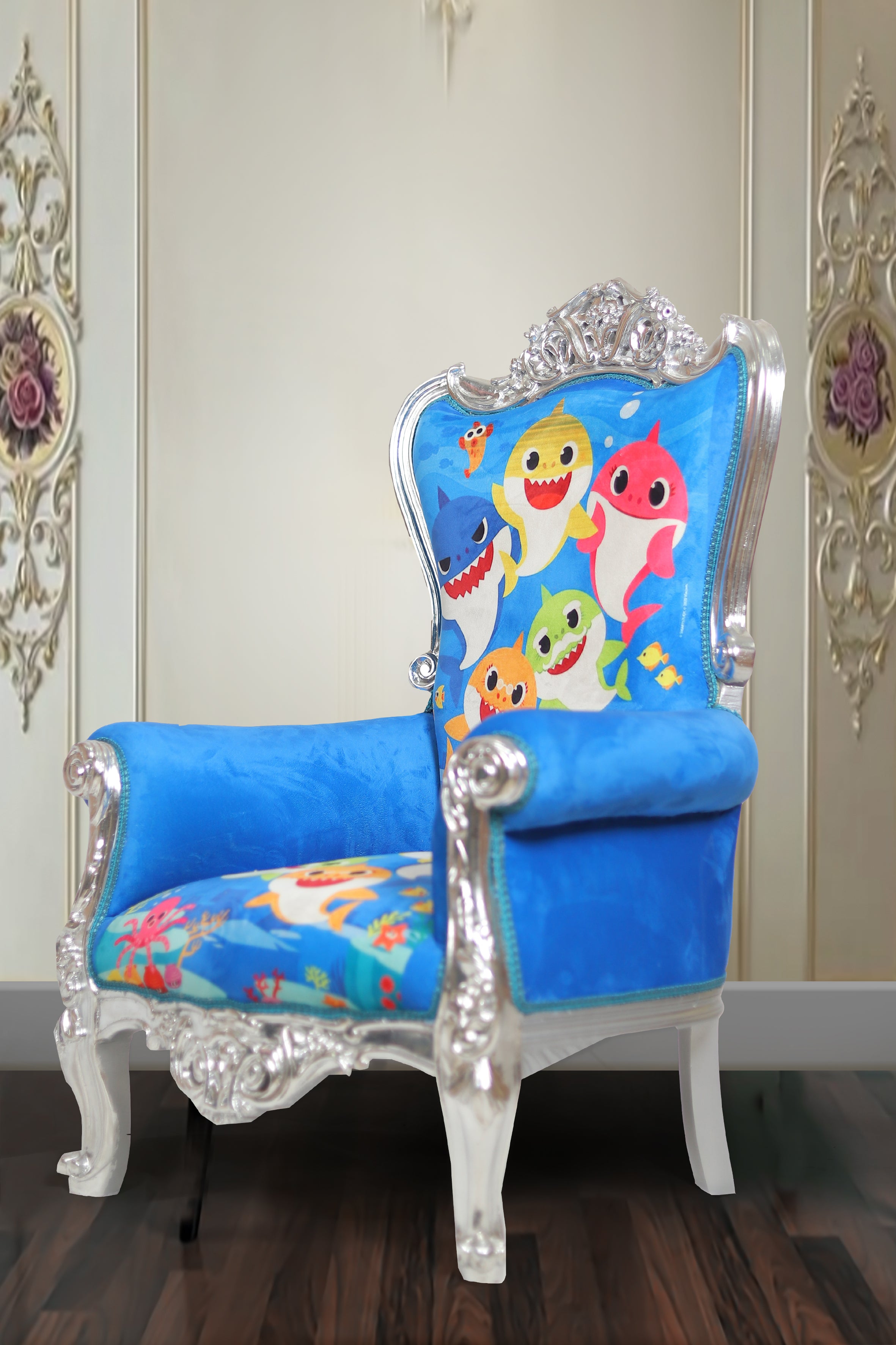 Baby Shark Throne Chair placed in a colorful playroom setting
