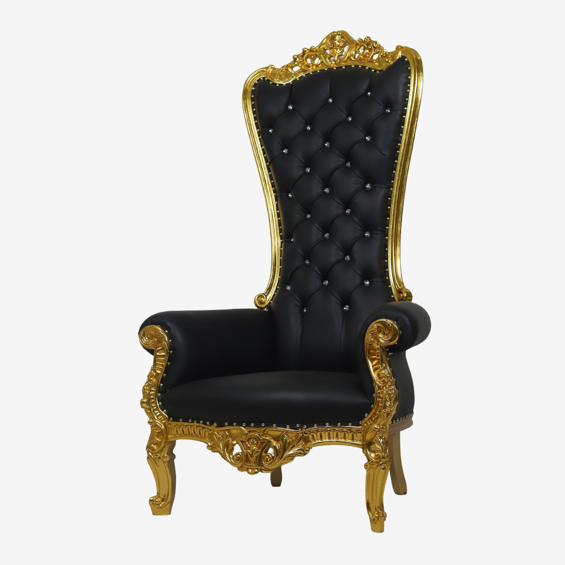 Side profile of Black & Gold Throne Chair highlighting smooth black upholstery and elegant silhouette.