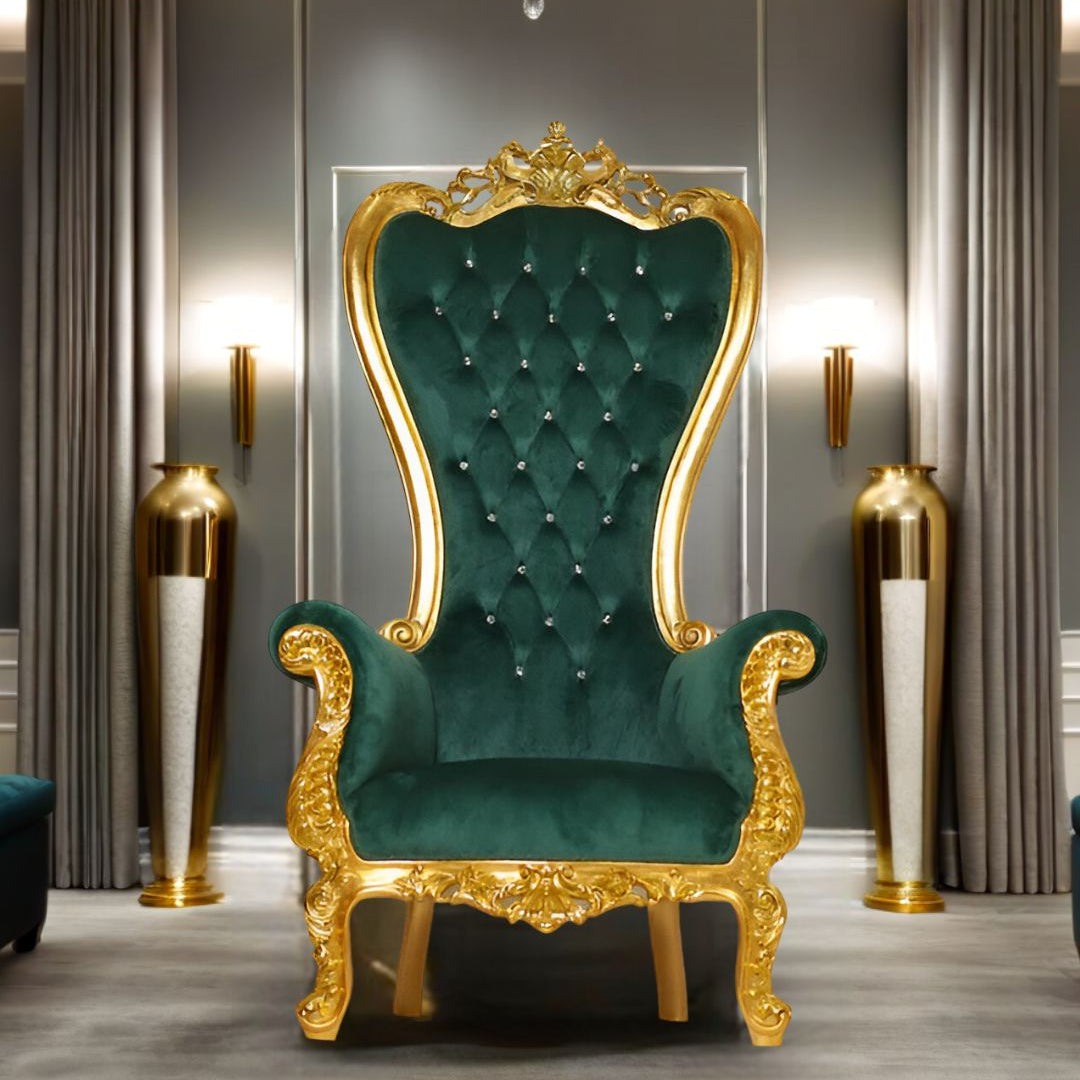 Green Velvet Throne Chair elegantly placed in a luxurious living room setting