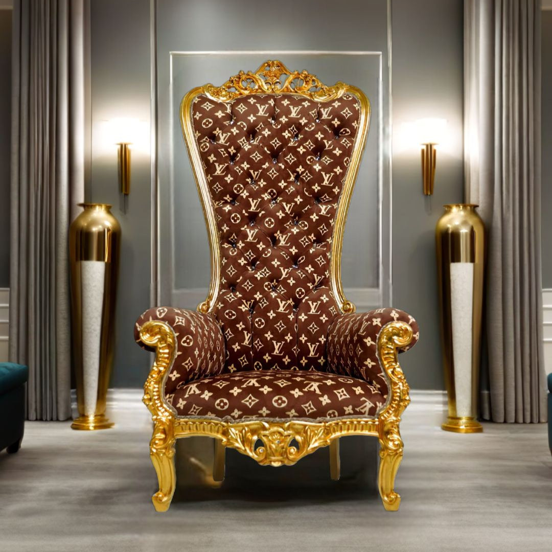 Close-up of intricate carvings on Louis-V Throne Chair's frame and luxurious upholstery.​

