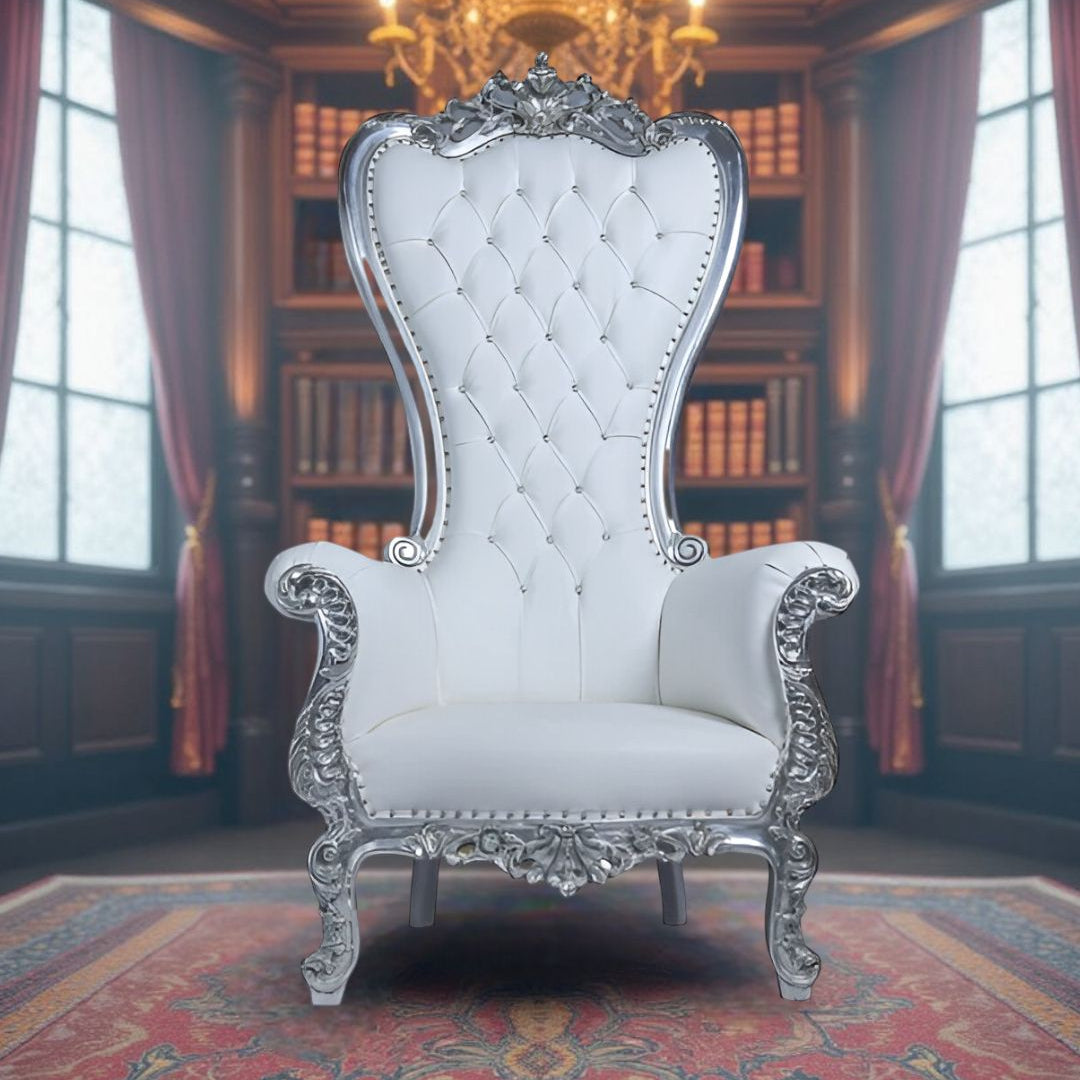 Close-up of loose seat cushion and detailed wood arm caps on Silver Swirl throne chair.