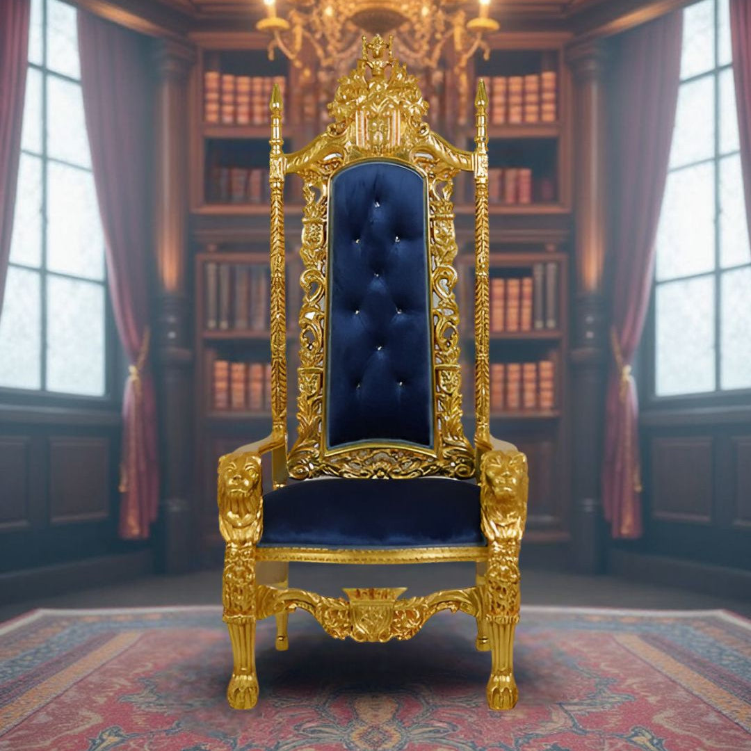 Close-up of plush cushioning and luxurious materials on The Royal Blue throne chair.​