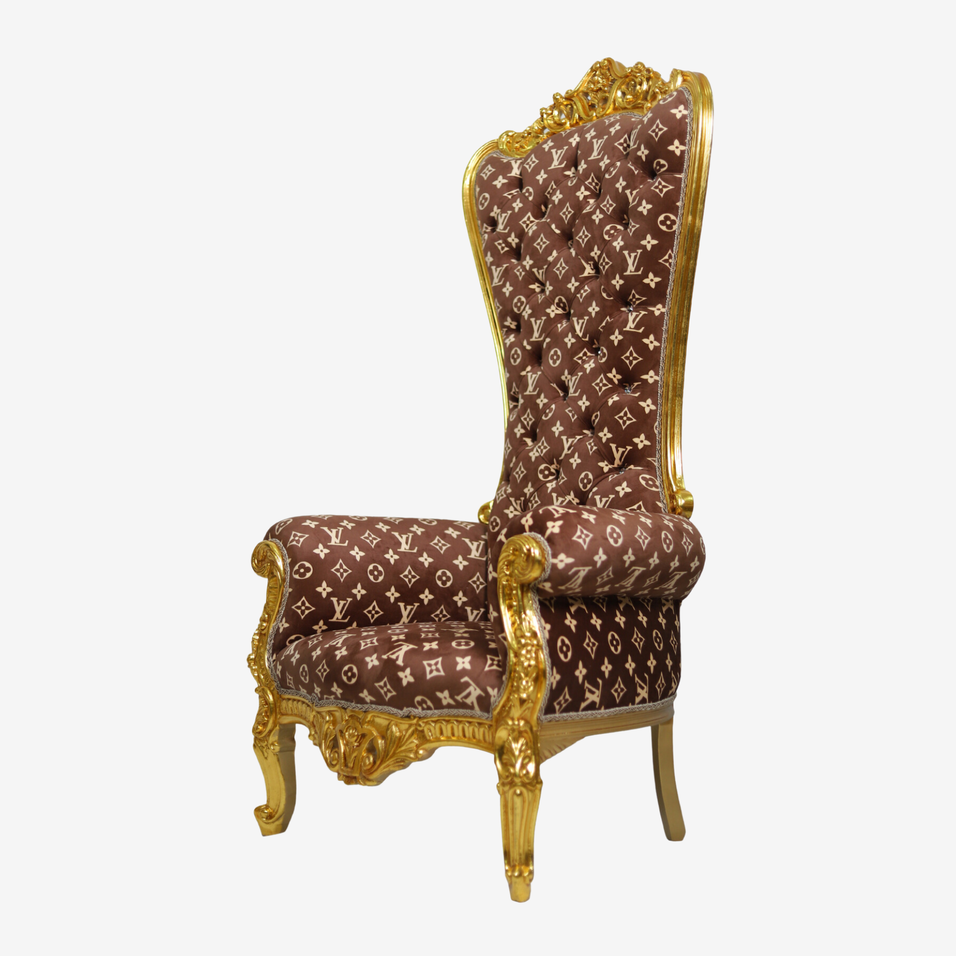 Side profile of Louis-V Throne Chair highlighting designer-inspired fabric and sleek silhouette.