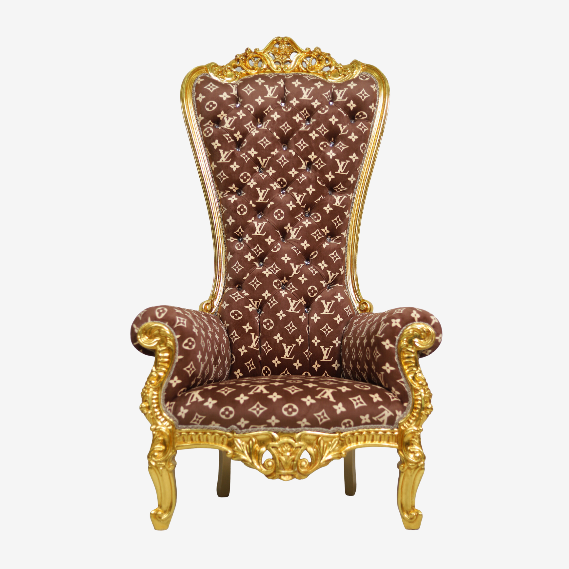 Front view of Louis-V Throne Chair showcasing high-back design and ornate gold-finished frame.