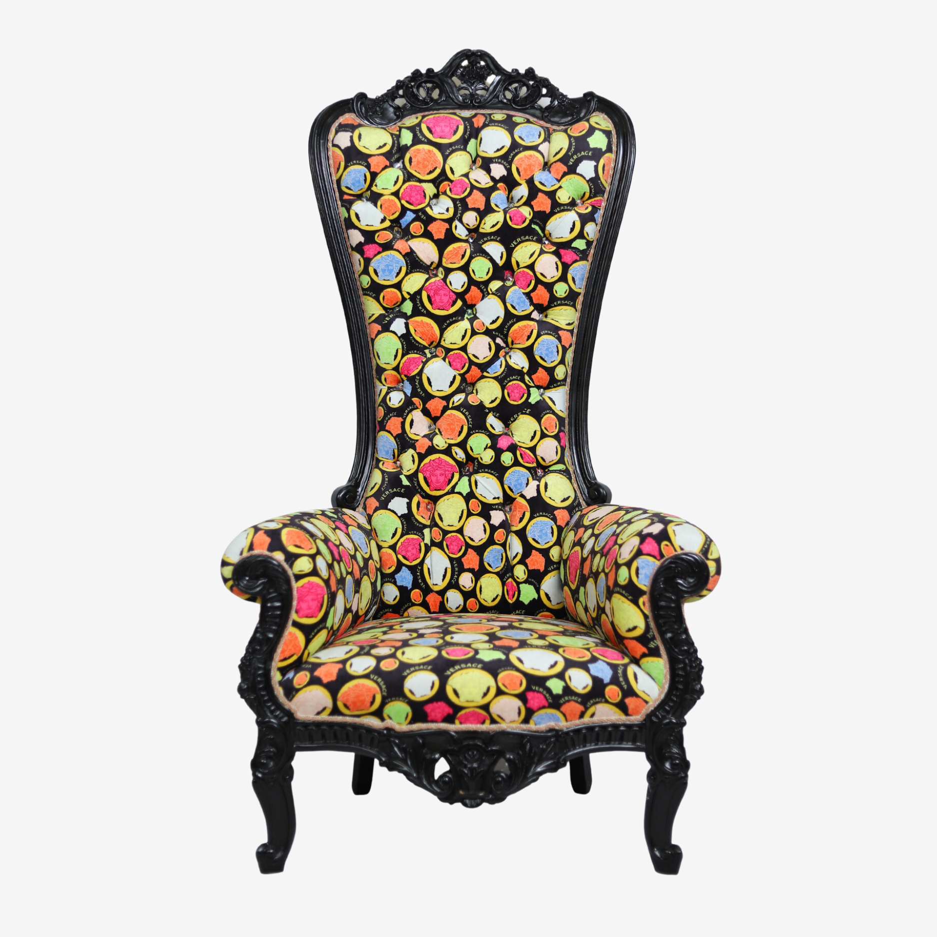 Front view of Bloom Boom throne chair with leather seat deck and angular metal frame.