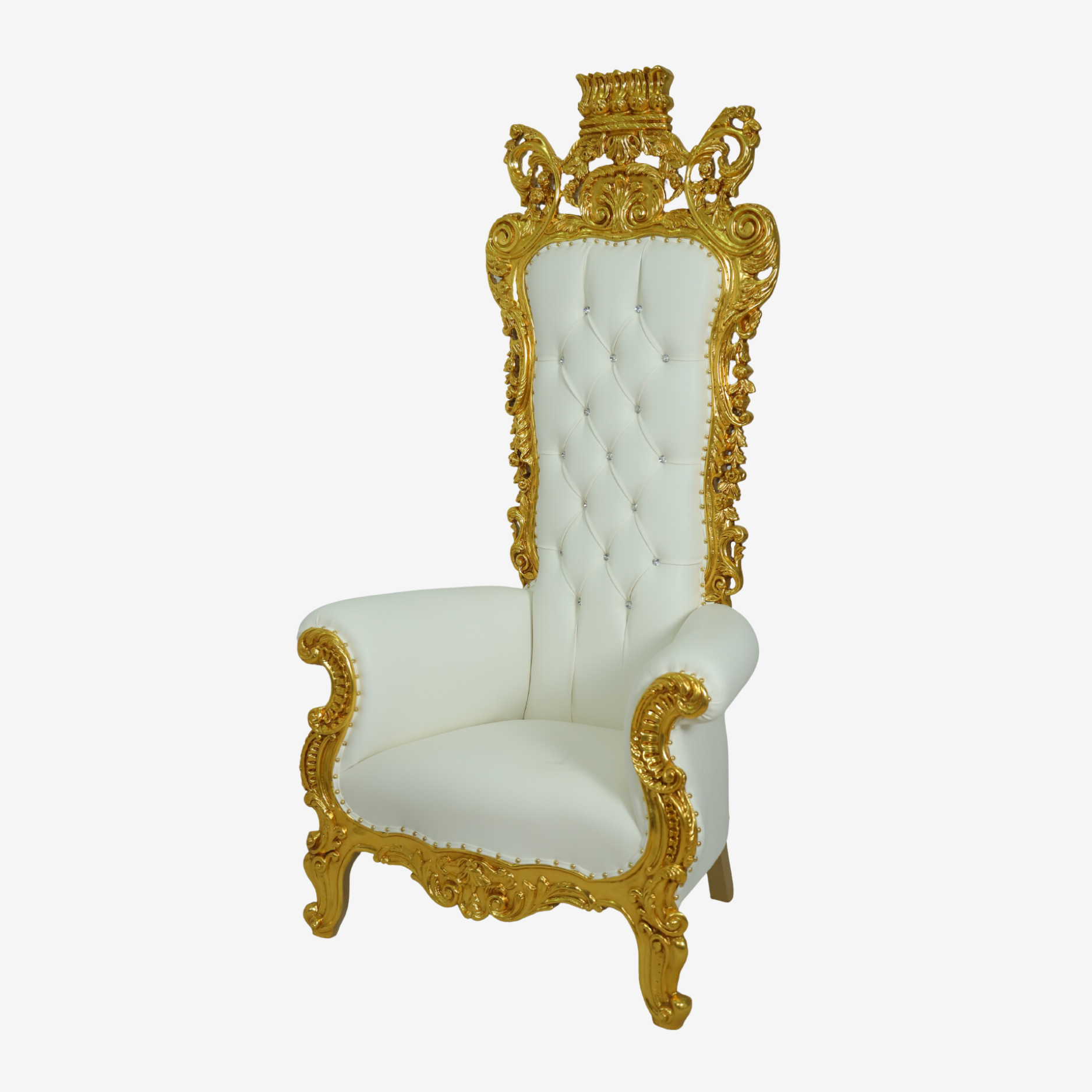 Side profile of Golden Oasis Throne Chair highlighting plush upholstery and regal silhouette.