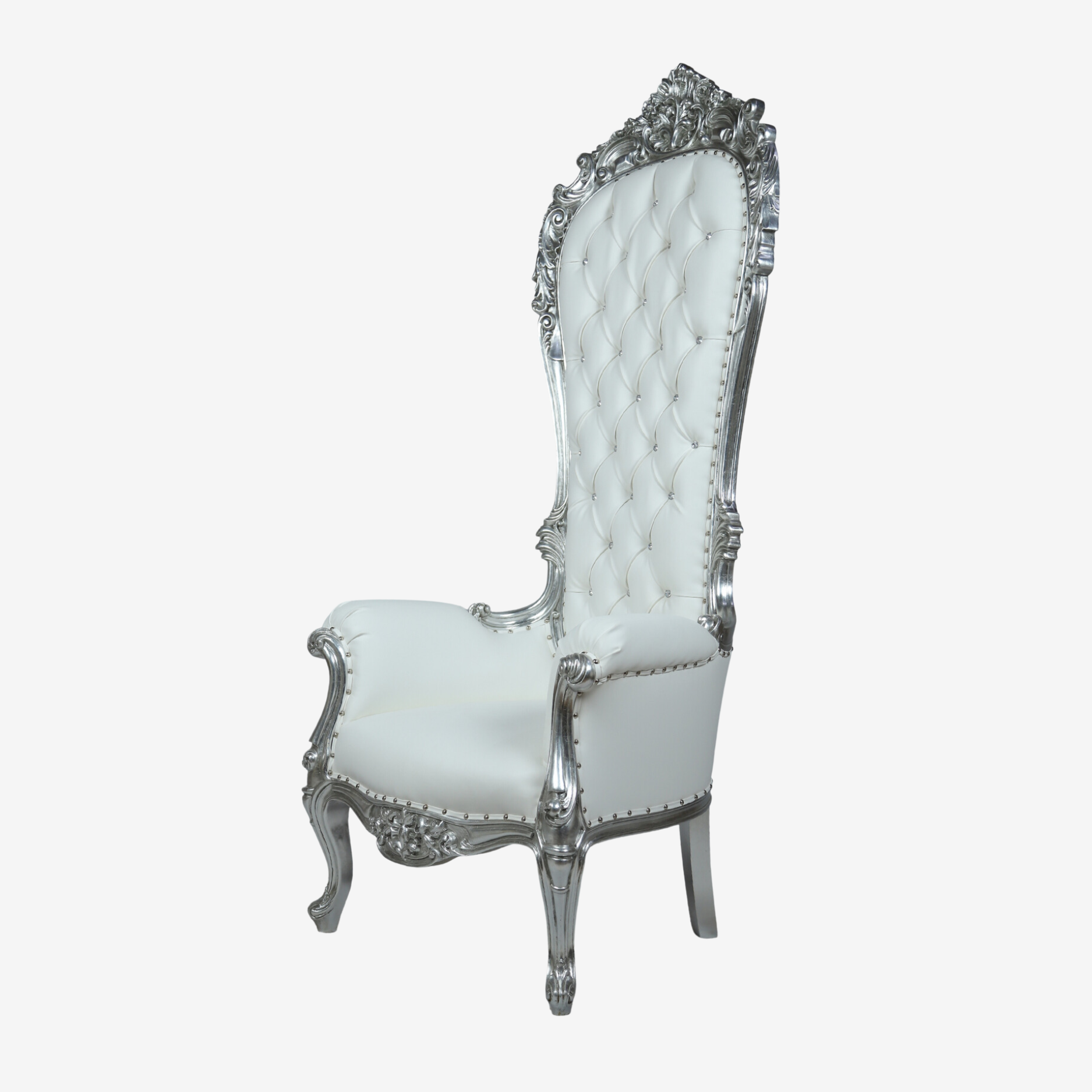 Side profile of Silver Sensation chair showcasing tight barrel back and loose seat cushion.