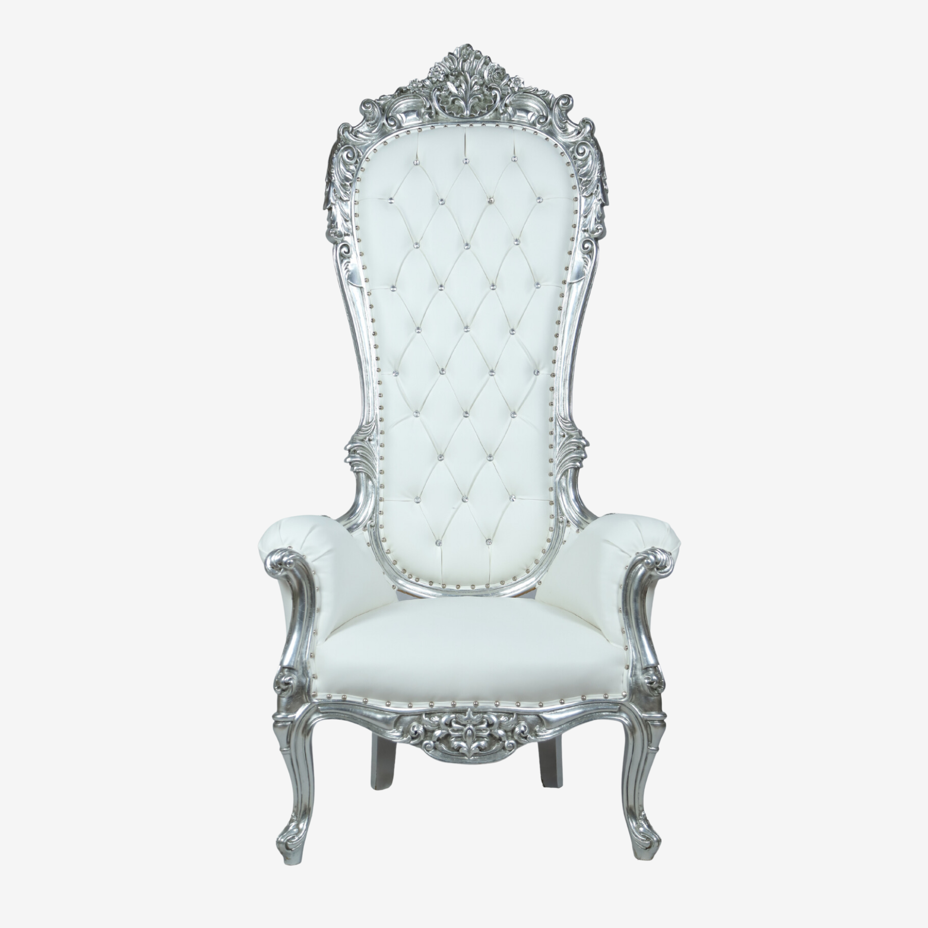Front view of Silver Sensation throne chair with faux-bois painted metal frame and oyster finish.