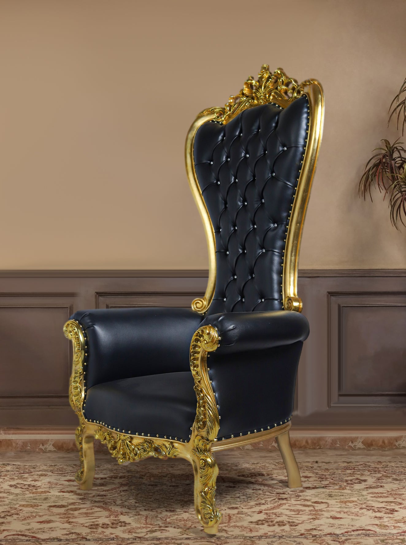 Black & Gold Throne Chair placed in an elegant event setting