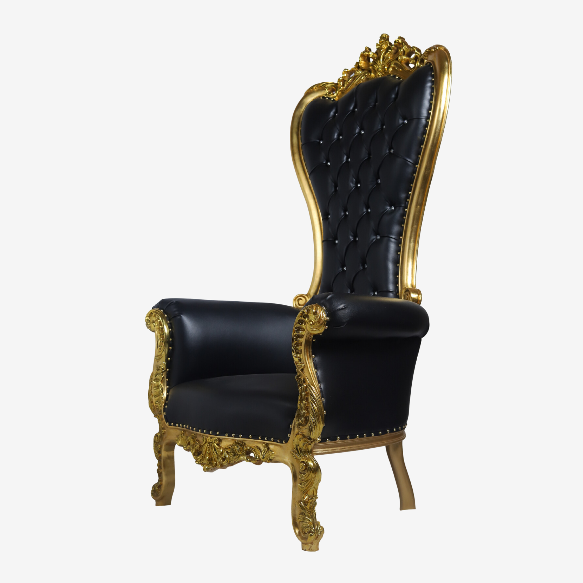 Side profile of Black & Gold Throne Chair highlighting plush upholstery
