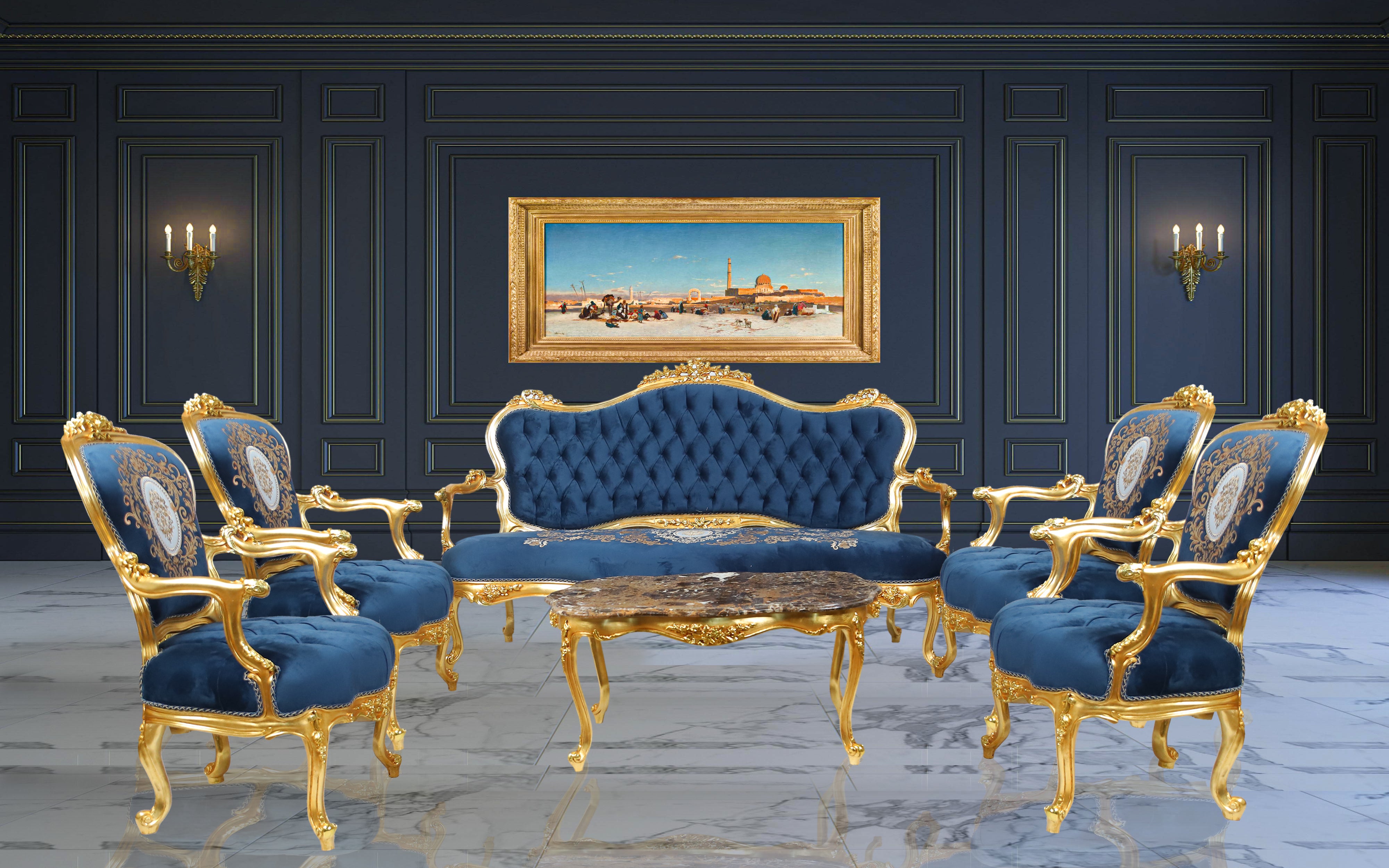 Classic curved chair with soft blue upholstery