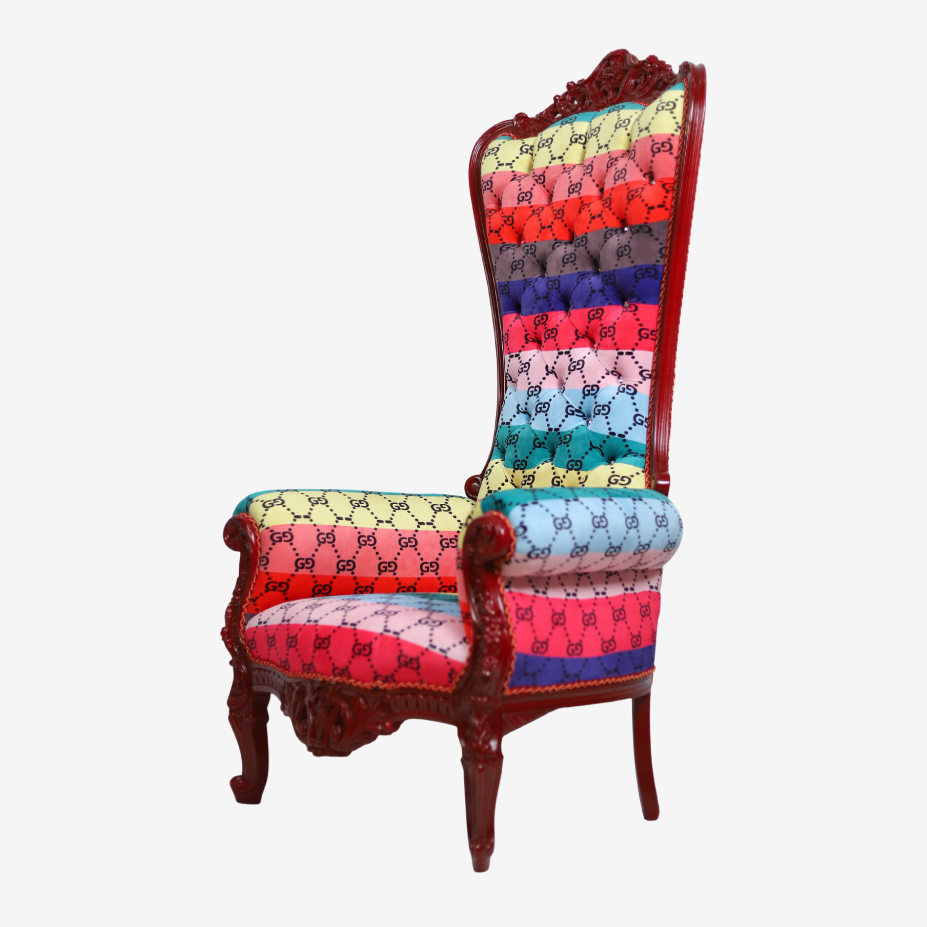 Side profile of The Joyful Joust chair showcasing loose seat cushion and elegant design.