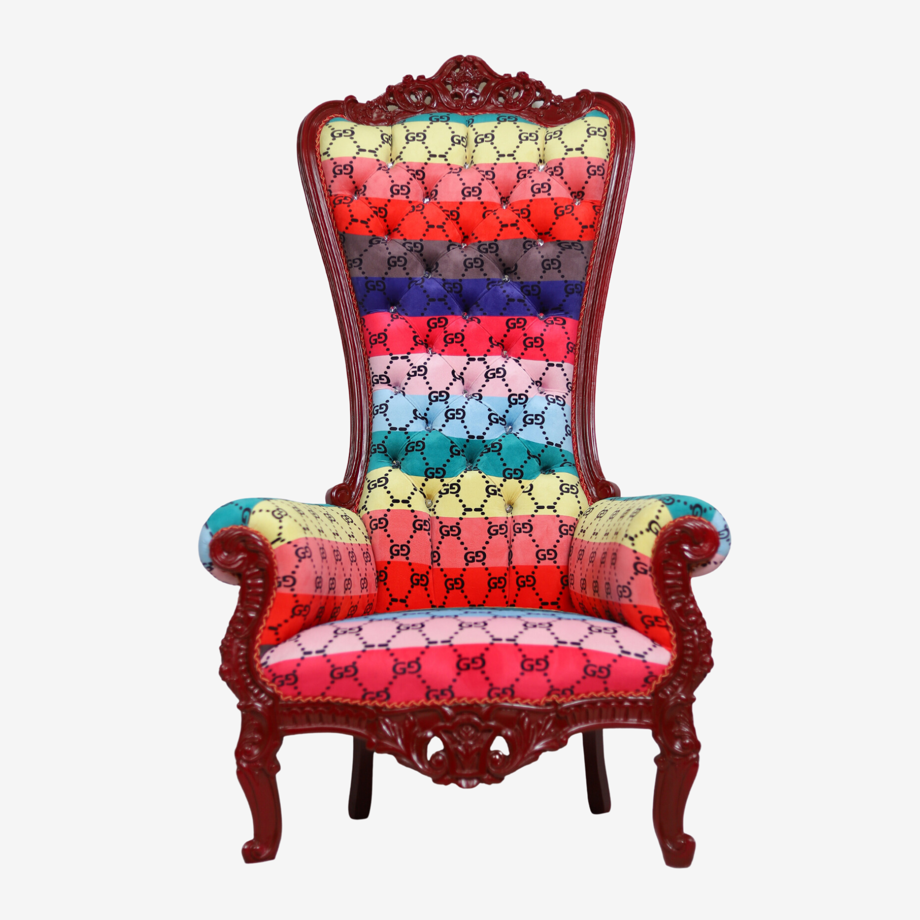 Front view of The Joyful Joust throne chair with Blush Taupe finish and channel-stitched back.