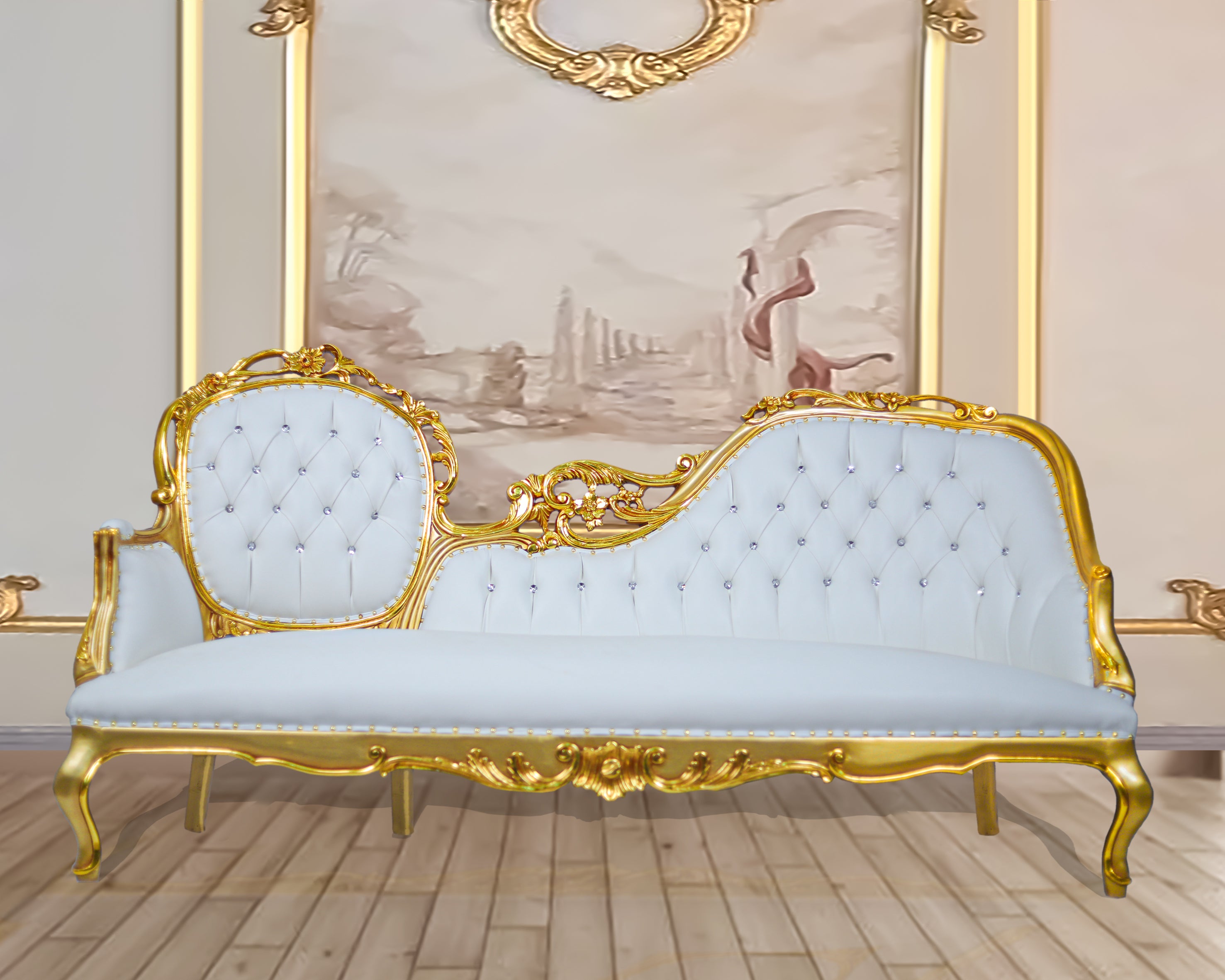 Close-up of modern nickel finish and sleek design on The Golden Goddess throne chair.