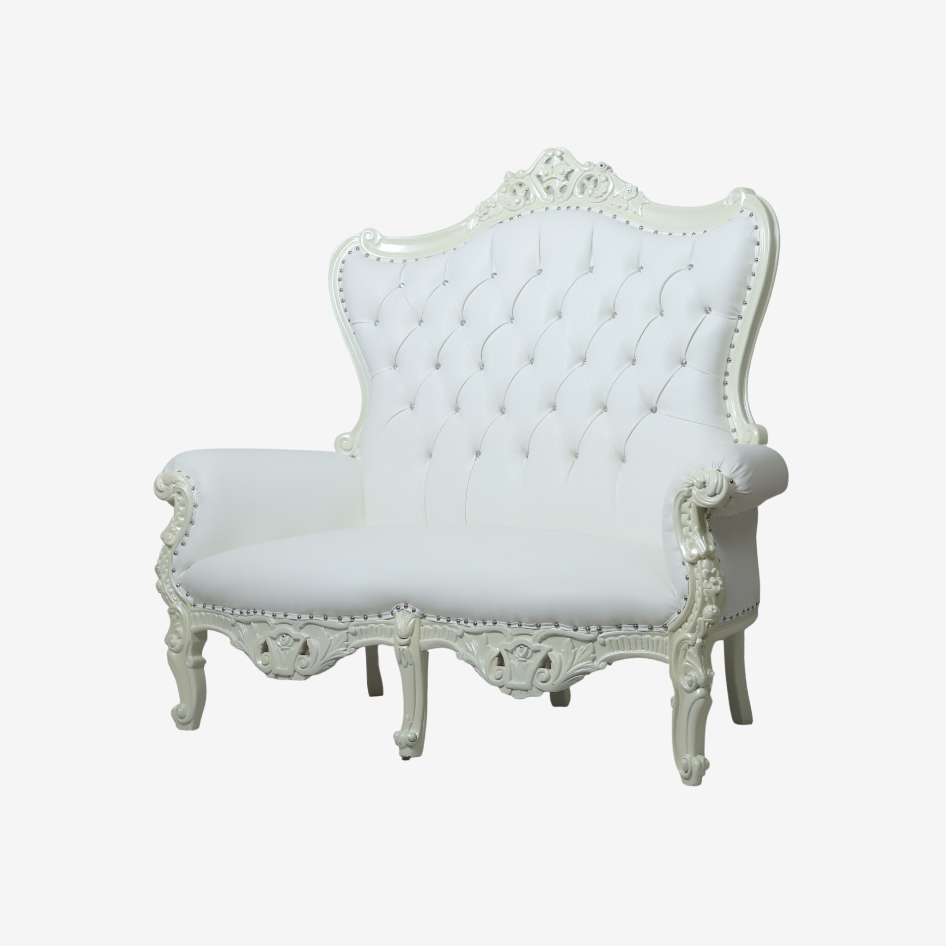 Side profile of White Pearl chair showcasing swivel base and tight back design.