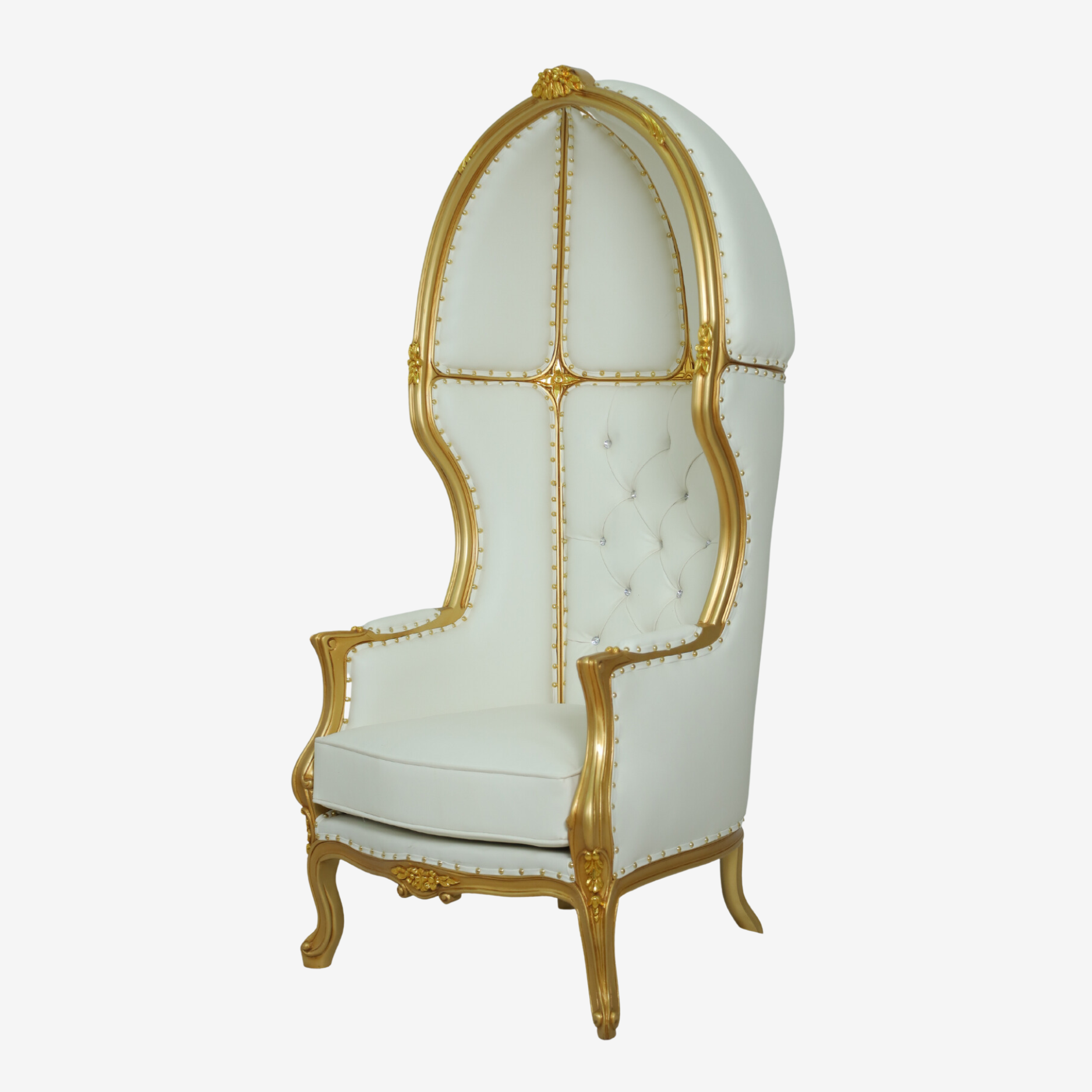 Side profile of The White Swan chair showcasing custom-designed cast brass frame with white enamel inlay.
