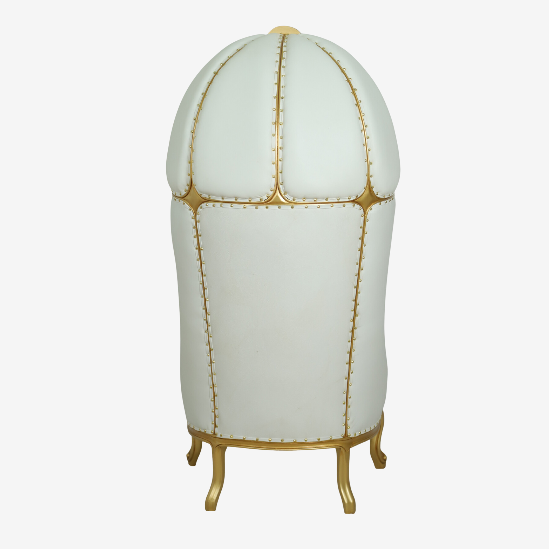 Back profile of The White Swan chair showcasing custom-designed cast brass frame with white enamel inlay.