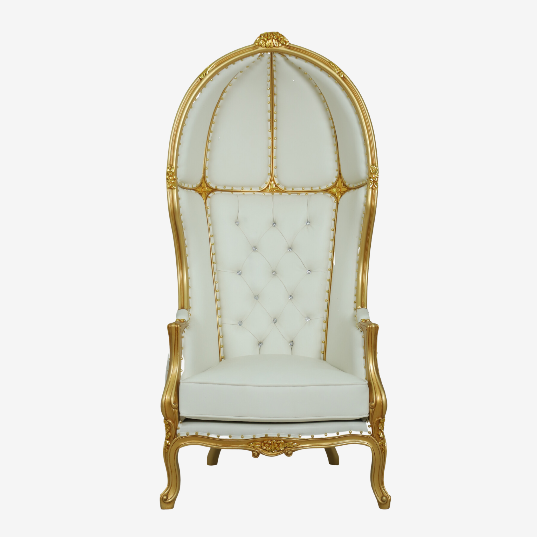 Front view of The White Swan throne chair with gold brush finish and balloon-style backrest.