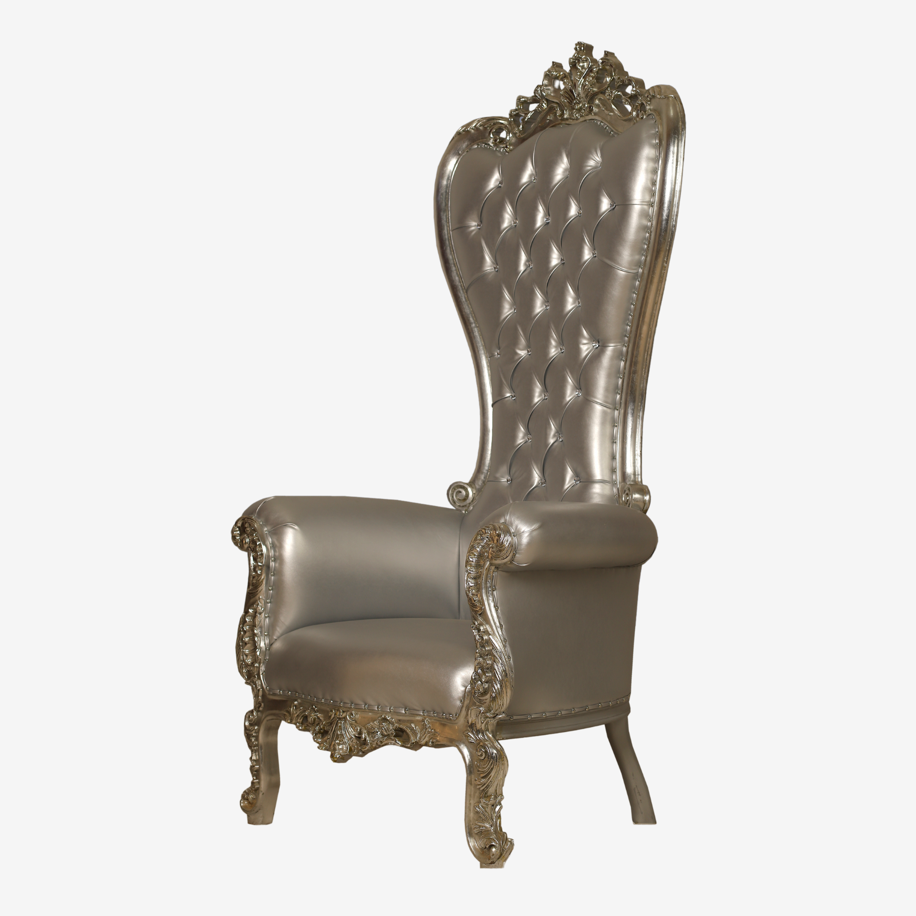 Side profile of silver throne chair with curved frame